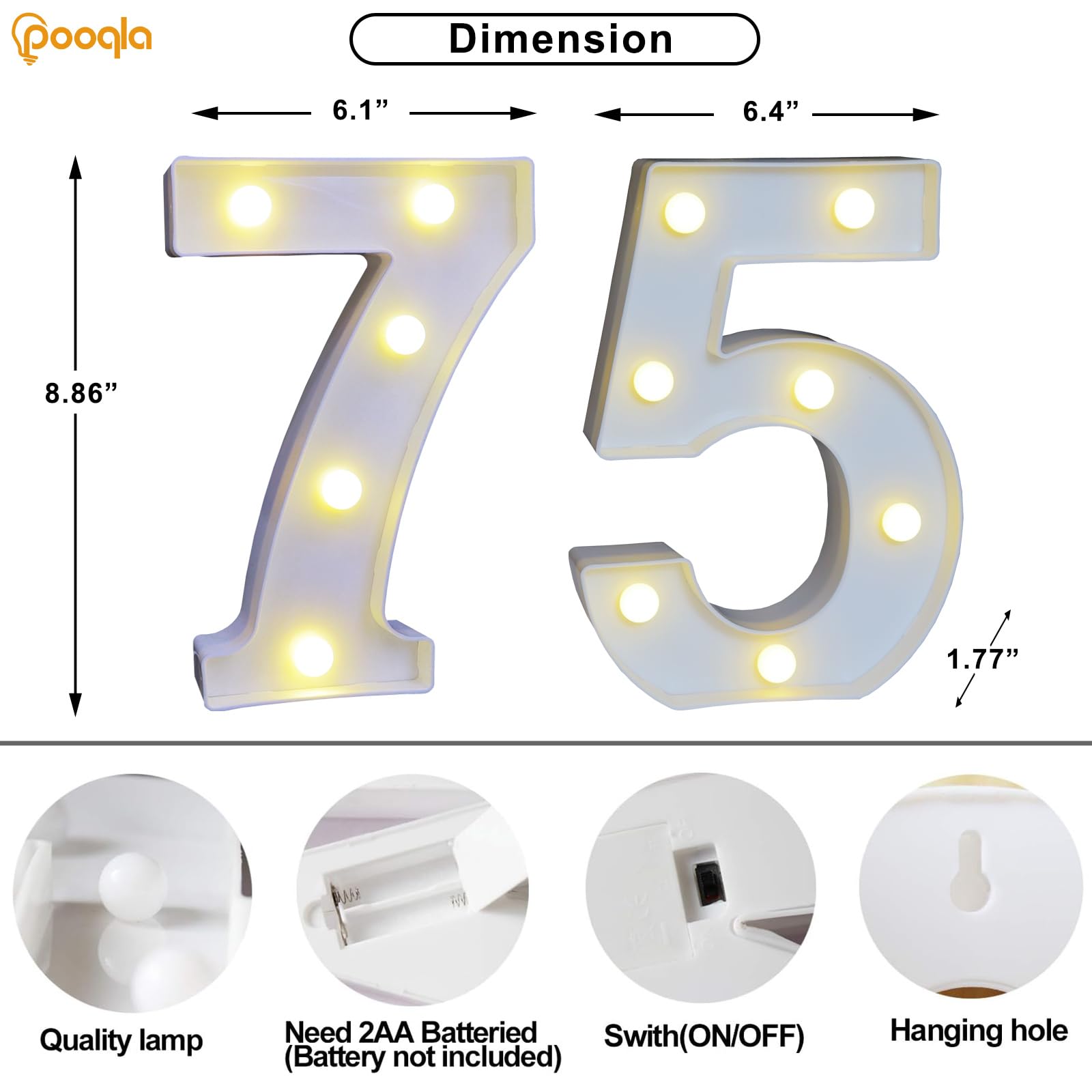 Pooqla Decorative Led Light Up Number Letters, White Plastic Marquee Number Lights Sign For 75Th Birthday Party Wedding Decor Battery Operated Number (75)
