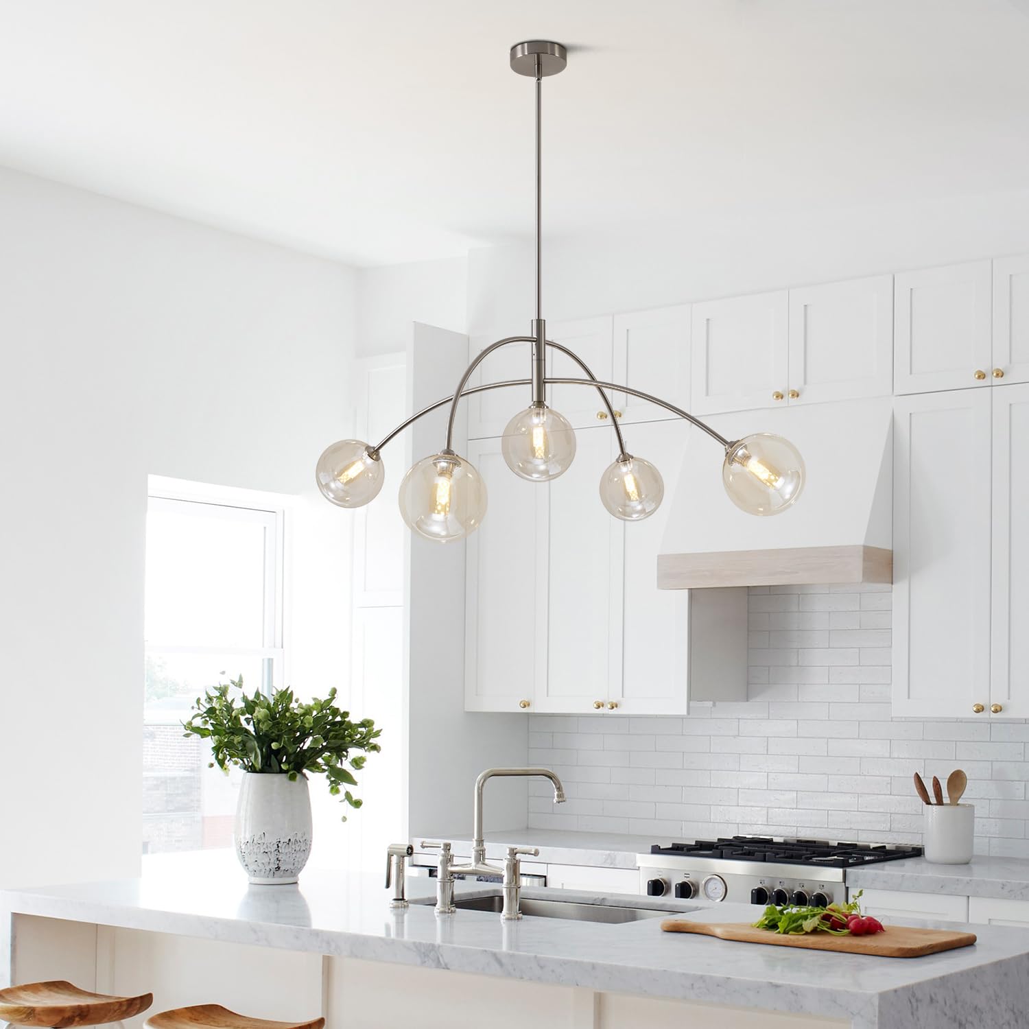 Fulesi Mid Century Modern Sputnik Chandelier With Glass Globe Cognac Shade Adjustable 5 Light Silver Chandelier For Dining Room