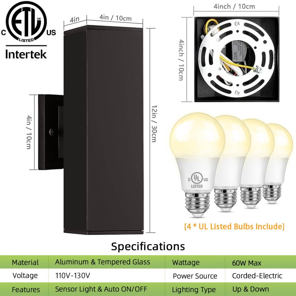 KIZON Outdoor Wall Lights - Dusk to Dawn Sensor, 2 Pack, Aluminum, Oil Rubbed Bronze Finish, Modern Sconce, ETL Listed, Model K213