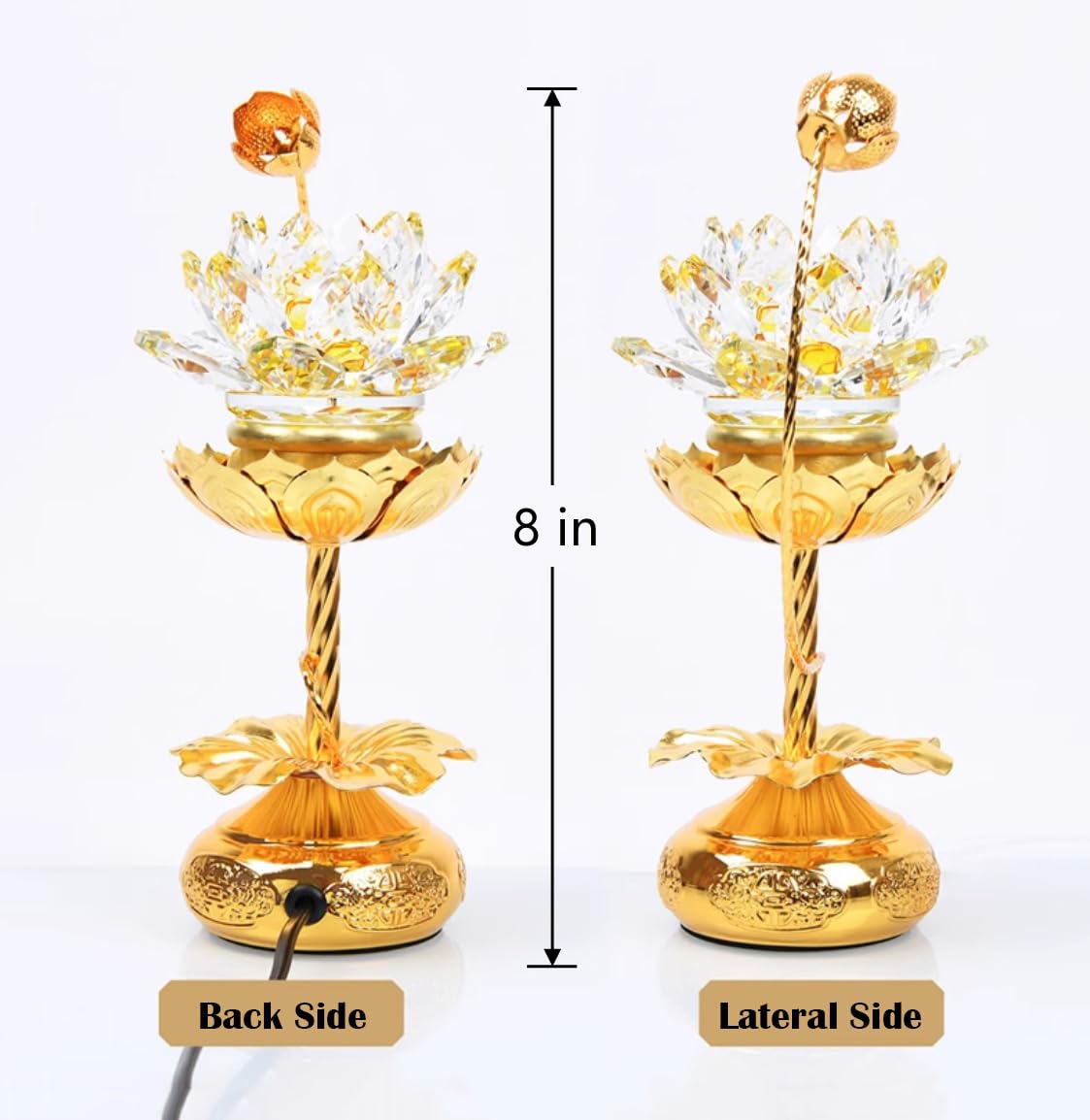 Omeet Colorful LED Crystal Lotus Lamp - 8 inch Pale Gold Buddha Light for Worship & Display, Model OMNLA0124D