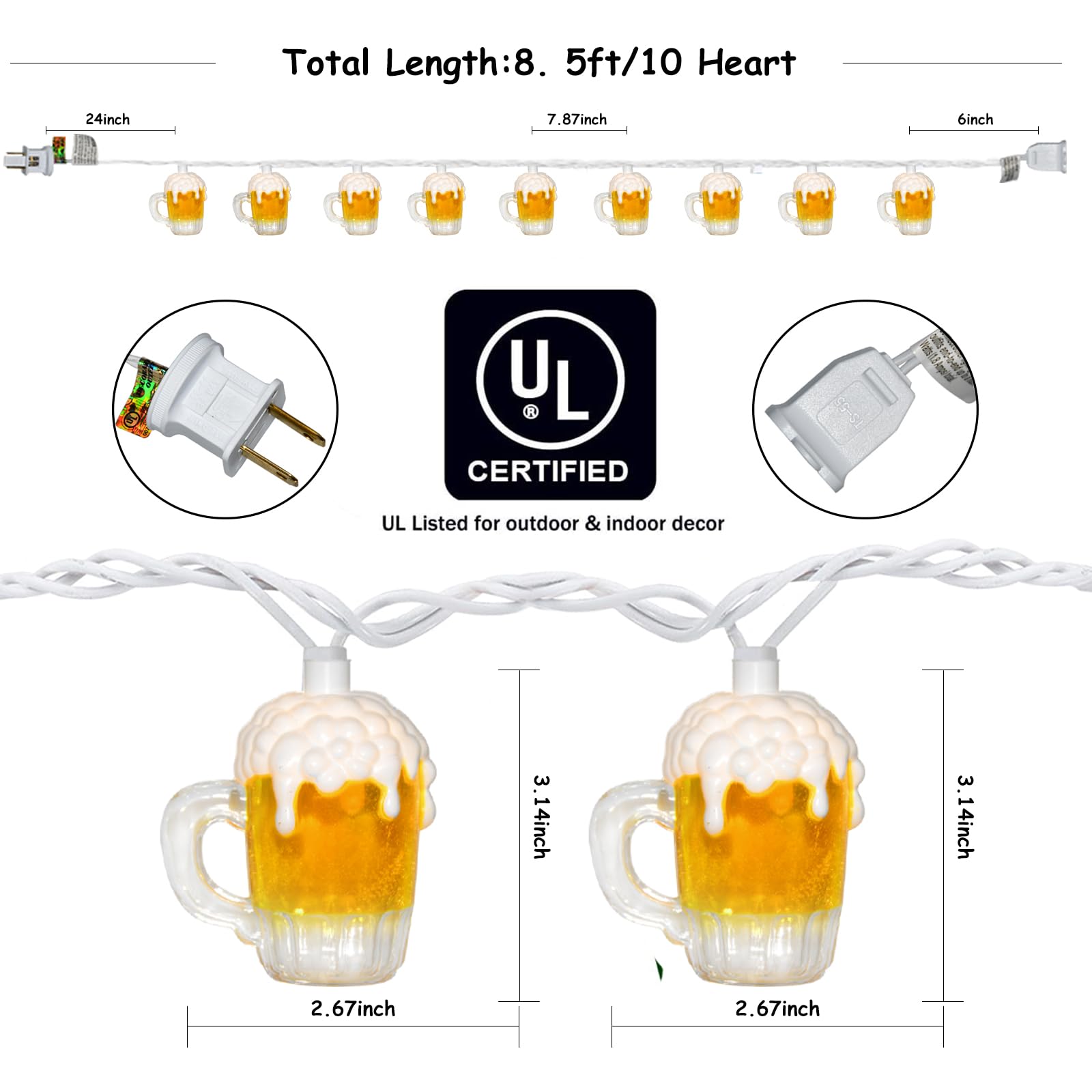 8.5Ft St Patrick'S Day Decor Beer String Lights, Summer Club Beer Mug String Lights With 14 3D Waterproof Beer Lights(4 Spare), Party Decor Beer Lights For Bar Birthday Indoor