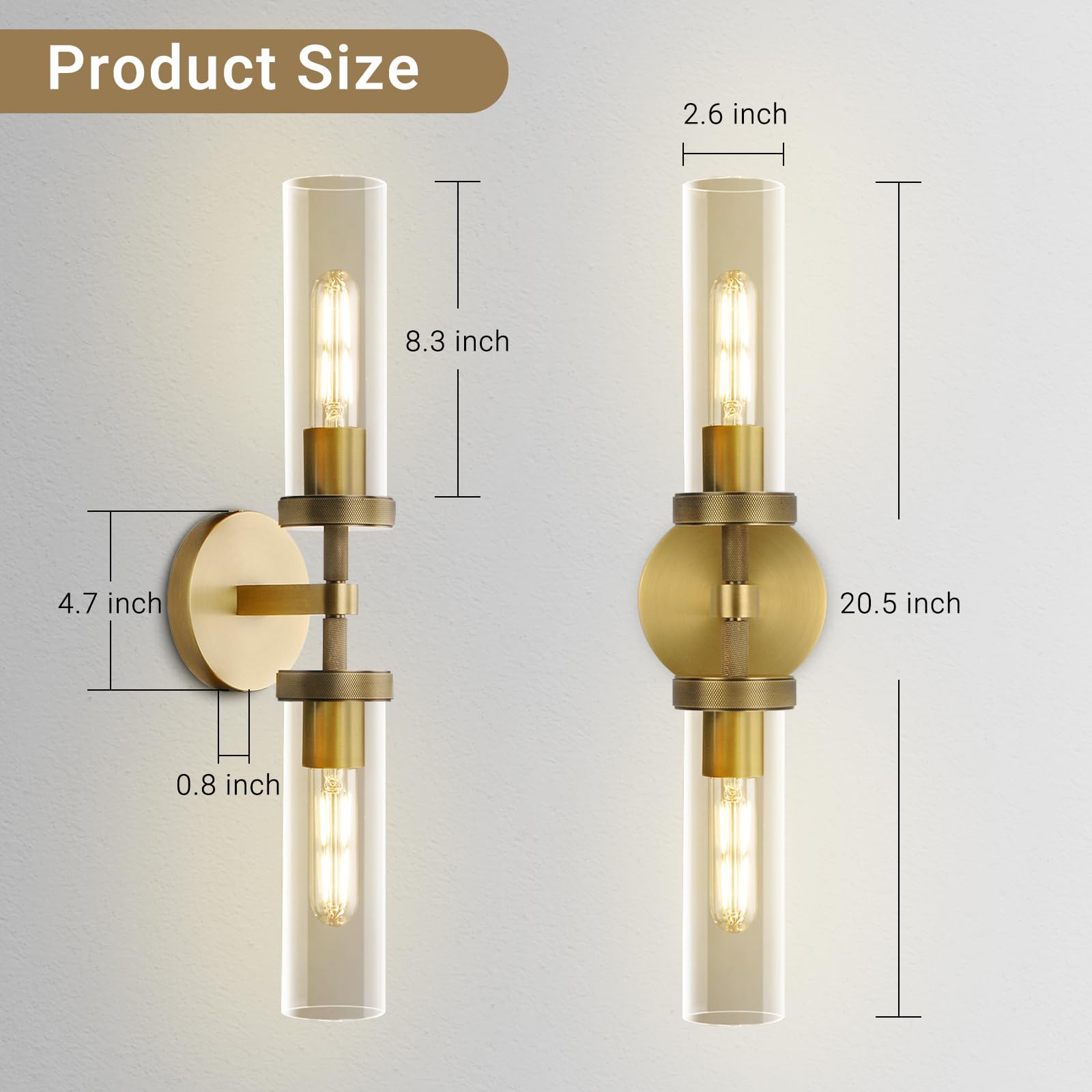 2-Light Brass Knurled Wall Sconces, Glass Sconces Wall Lighting indoor, Gold Bathroom Vanity Light Sconces, Wall Lights for Livi