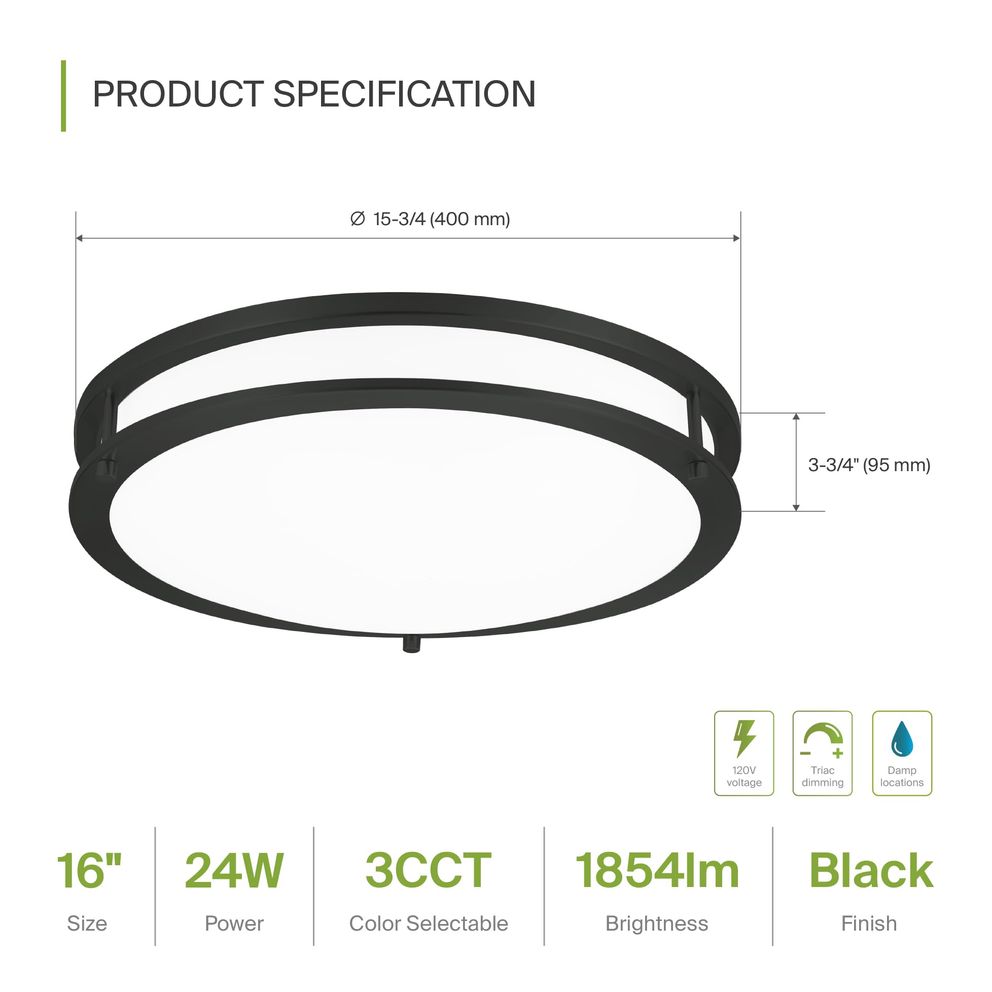 Asd Led 16 Inch Round Flush Mount Light Fixture | 24W 1900Lm 3000K-5000K 120V | 3Cct  Dimmable  Energy Star  Etl Listed | Close To Ceiling Double Ring Lamp  Low Profile Lighting | Black