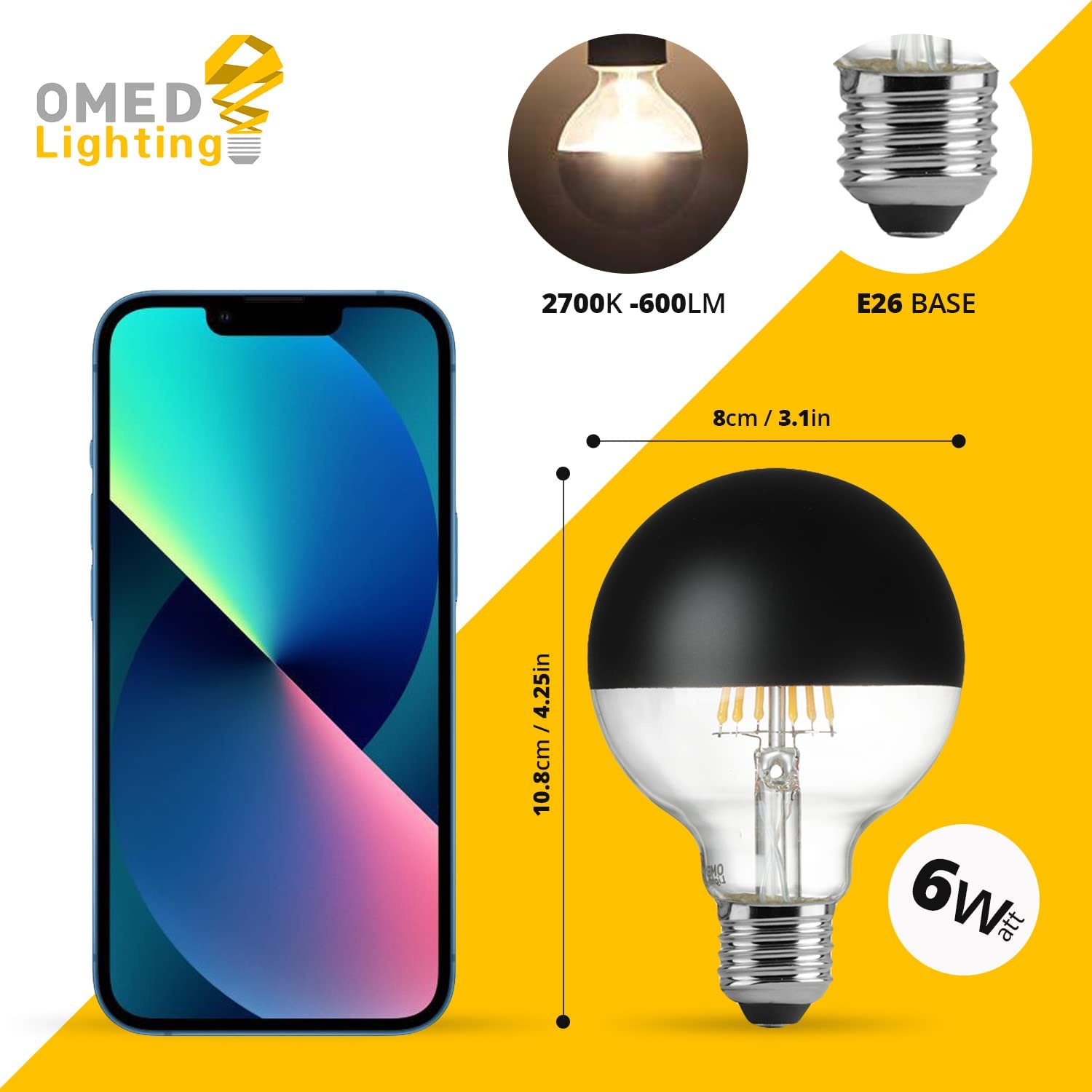 Omed Globe Light Bulbs, 4 Pcs Half Black E26 Dimmable G25/G80 Led Light Bulb 60 Watt Equivalent, 2700K Soft White Light Bulbs Fo