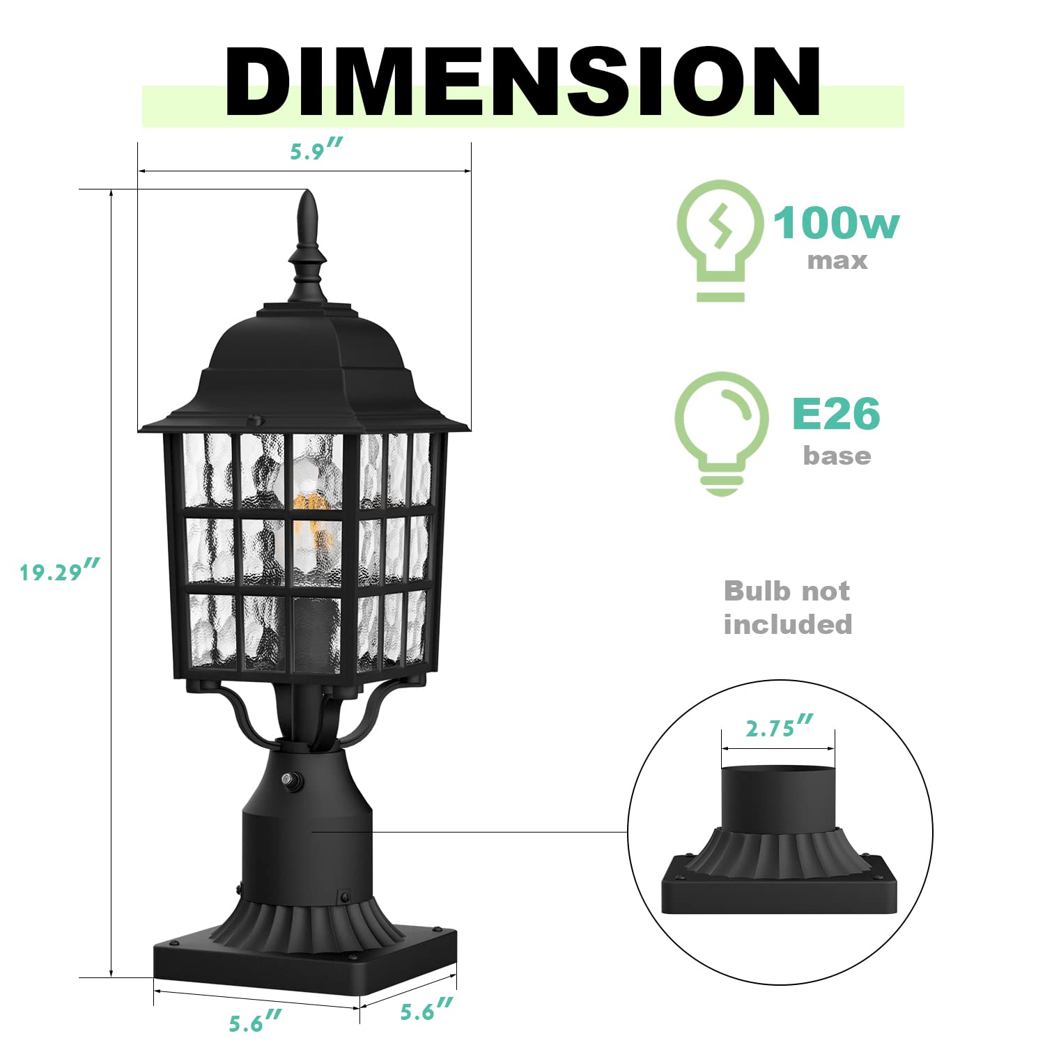 Aoceley 2-Pack Dusk To Dawn Outdoor Post Light With Pier Mount Base, Black Water Ripple Glass