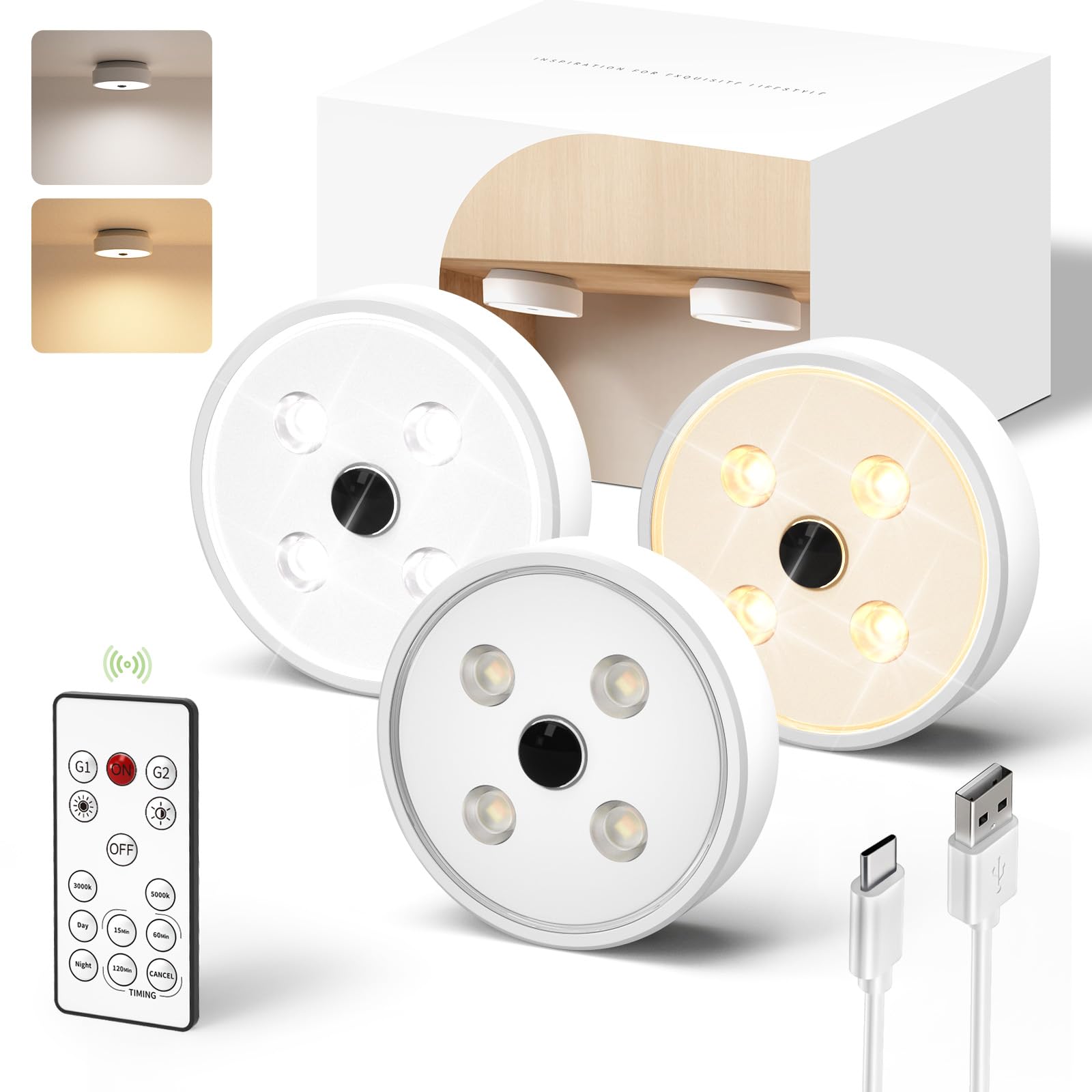 Ezvalo Motion Sensor Puck Lights 3-Pack, Dimmable Led Under Cabinet & Closet Lights, Rechargeable