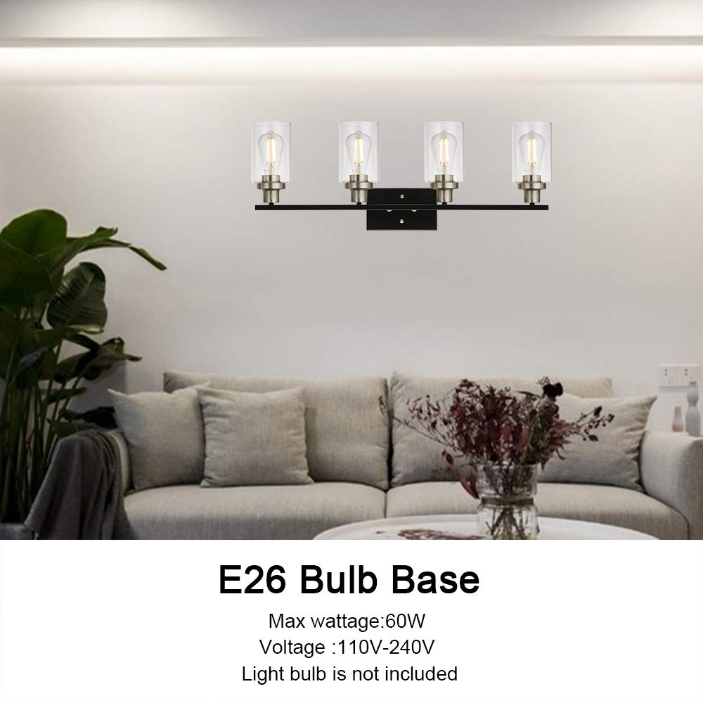 MELUCEE 4-Light Vanity Lights, Metal with Clear Glass Shade, Black and Brushed Nickel, Wall Mount for Bathroom and Bedroom