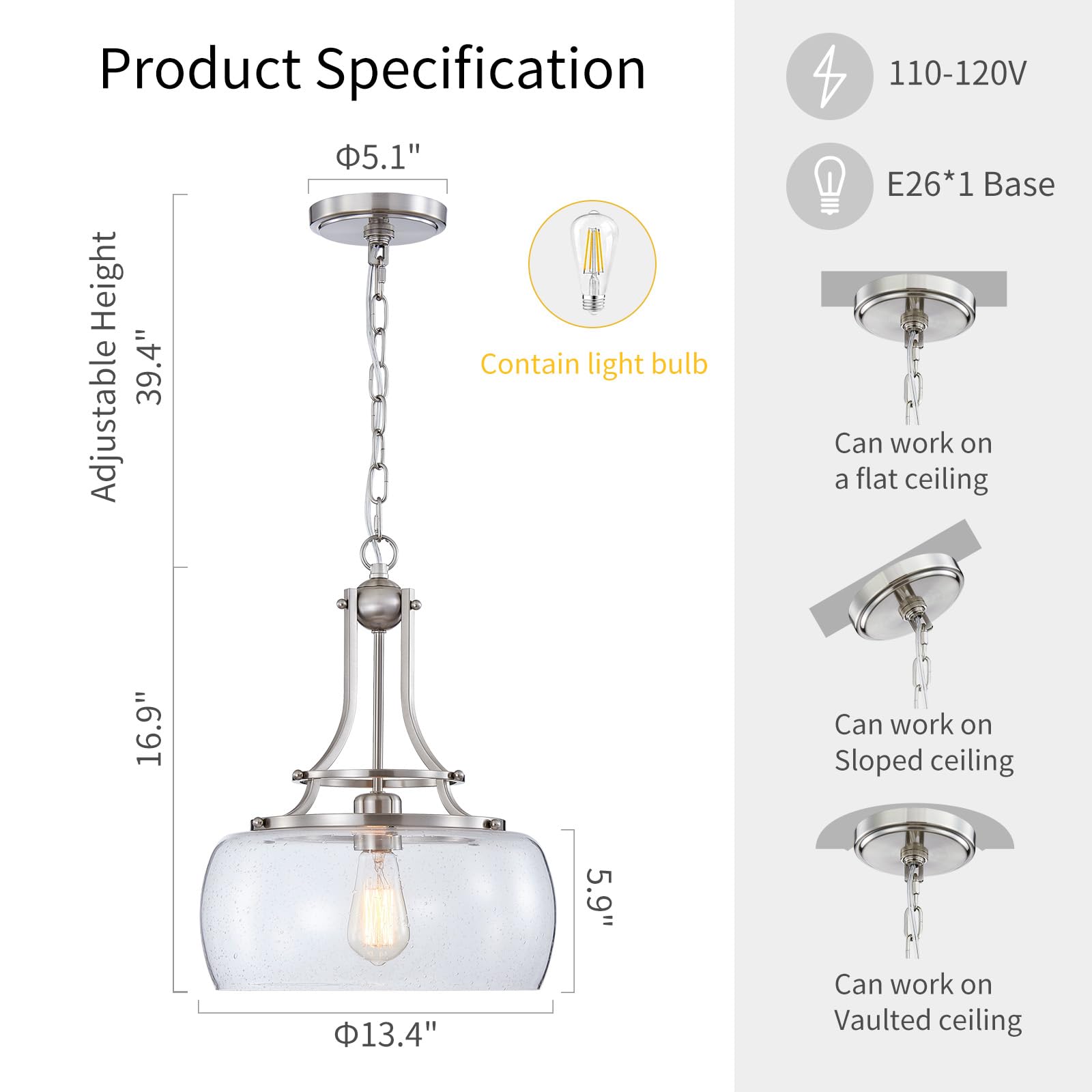 WUZUPS Rustic Farmhouse Chandelier Pendant Light, 17" H x 13.4" W, Brushed Nickel, Clear Seeded Glass Shade, Model USHD30307