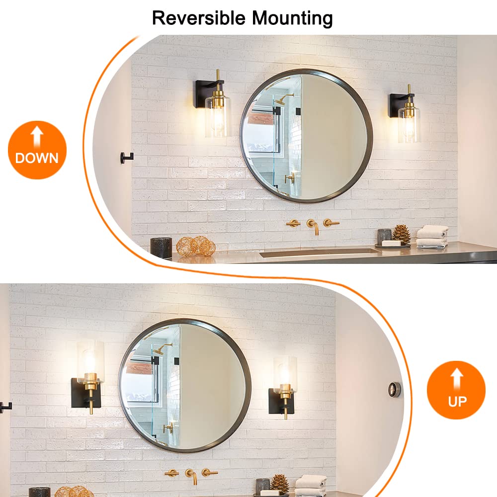 DSMJFU Wall Sconces Set of 2, Modern Glass Lighting, Hardwire, Clear, Black and Gold, Model DX23001Y-B&G