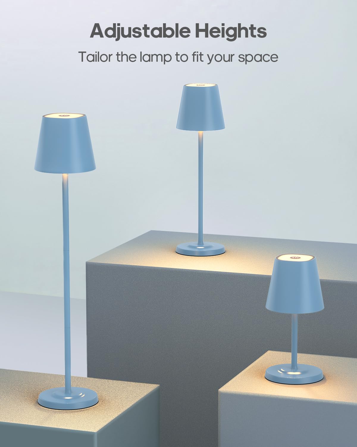 GOODEA LED Cordless Table Lamp, 3-Height Adjustable, Rechargeable, 2 Packs, Blue, Model GDTL004-1pc-BU