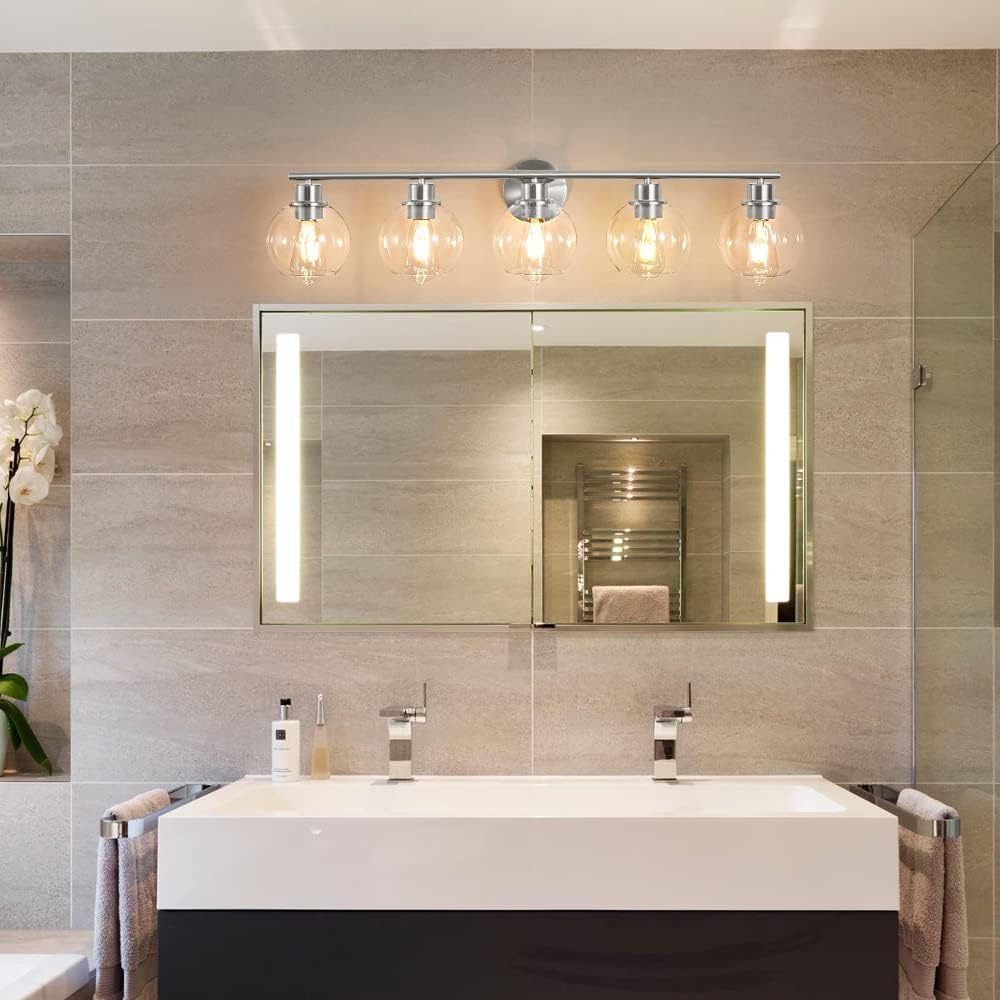 Lanmate Bathroom Light Fixtures Over Mirror 5-Lights Bathroom Vanity Light With Clear Globe Glass Shade 37.4 Inch Modern Brushed