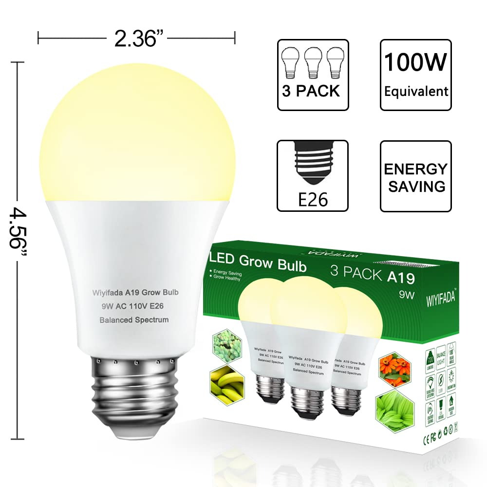 Wiyifada 3 Pack Full Spectrum Grow Light Bulbs, E26 9W Replace 100W, Indoor Plant Lighting
