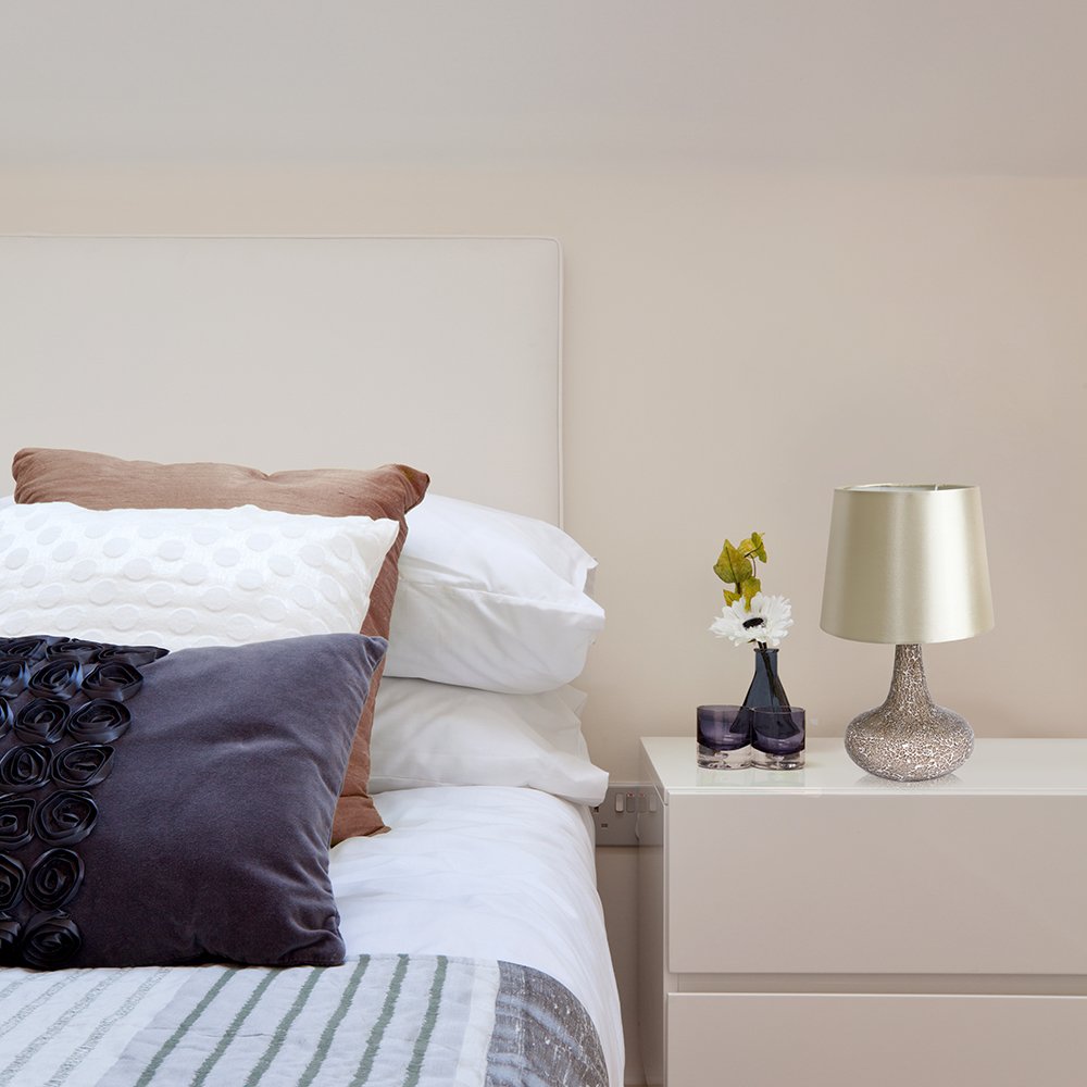 Simple Designs Lt3039-Cha 14.17” Contemporary Mosaic Tiled Glass Genie Standard Table Lamp With Matching Fabric Shade For Home Décor, Bedroom, Living Room, Foyer, Office, Champagne