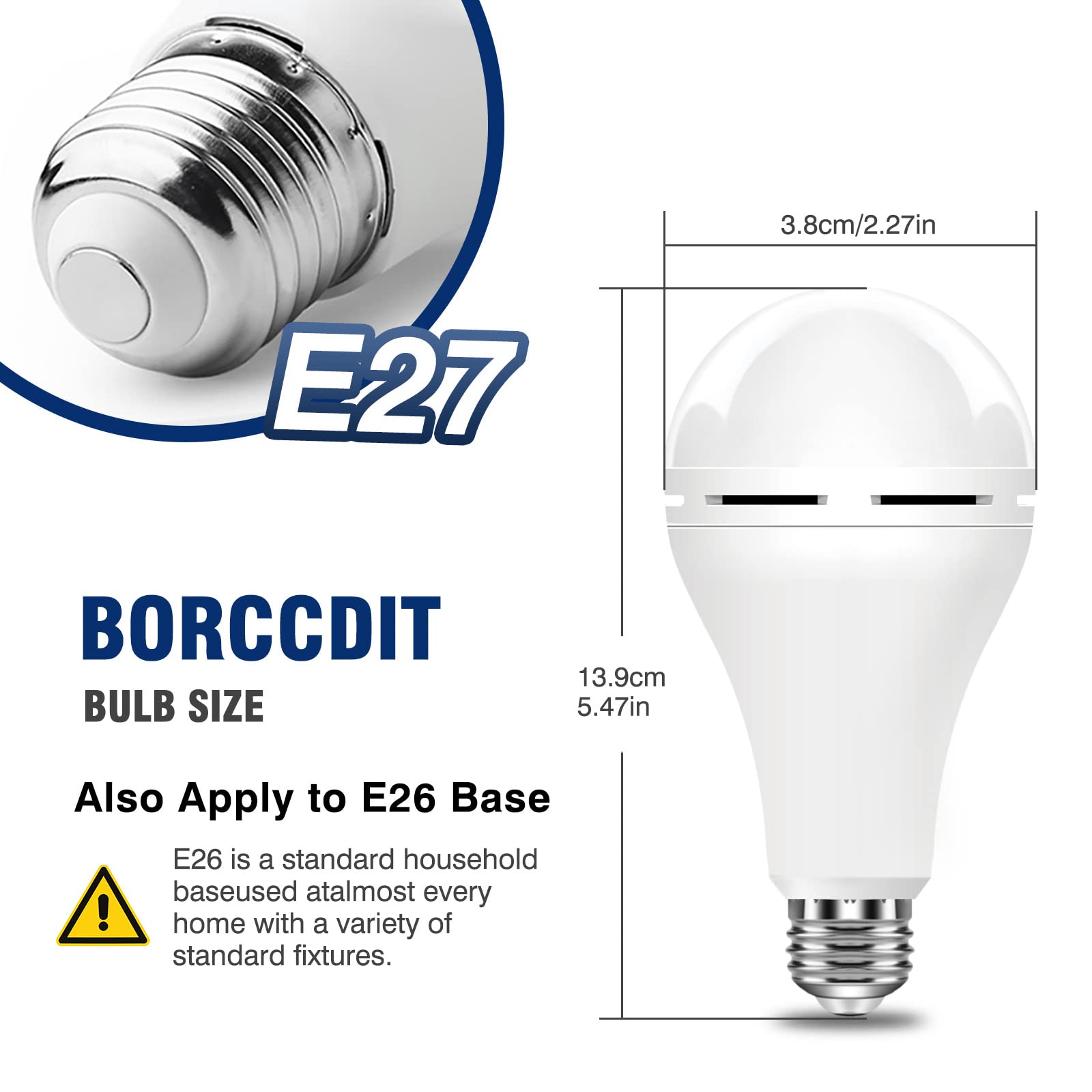 BoRccdit Emergency Rechargeable Light Bulb, 12W 6500K LED, 6 Pack, 1200 mAh Battery Backup, Cool White