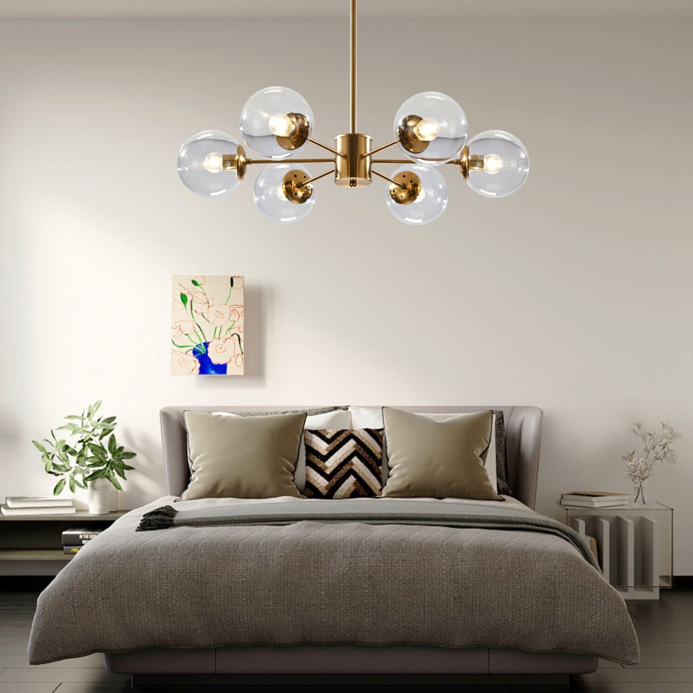 KCO Lighting Modern 6-Light Sputnik Chandelier, Brass, Clear Glass Globe, Adjustable Pendant Light, Model L1085-C-6, Gold+Clear