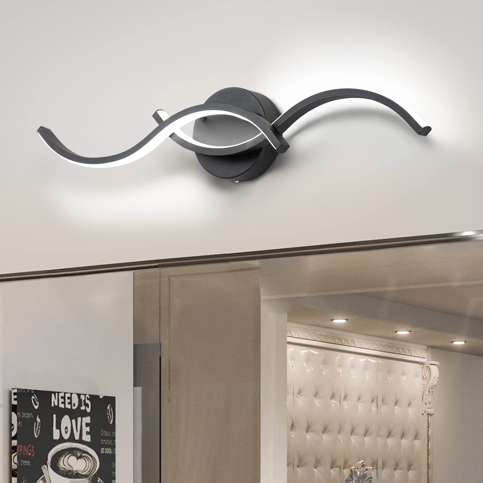 Edislive 24" Modern Wave Led Vanity Light, Dimmable Black Aluminum Wall Sconce For Bathroom