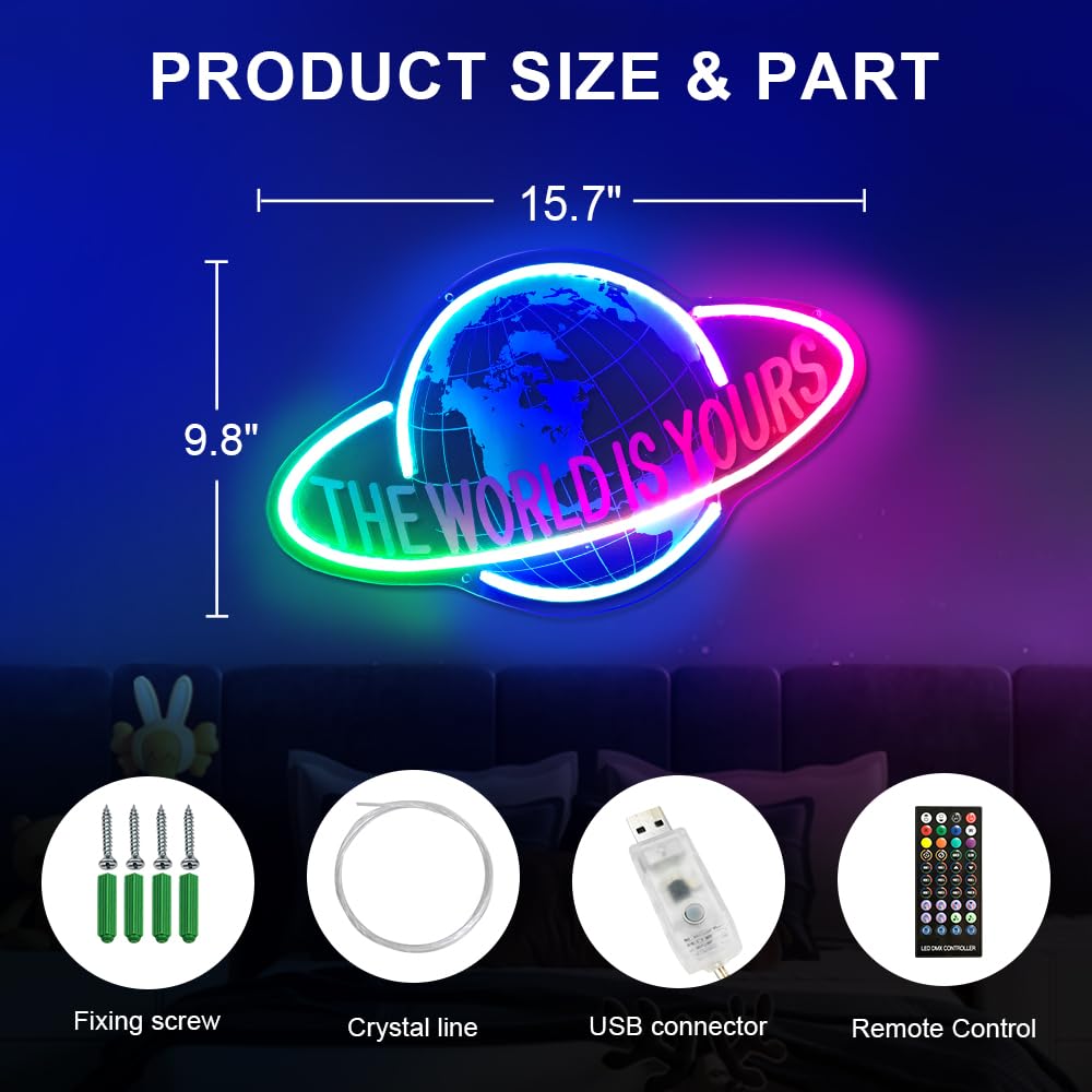 The World Is Yours Neon Sign - Custom Timer Multicolor The World Is Yours Sign - Switch/APP/Remote Control Planet LED Sign - Pla