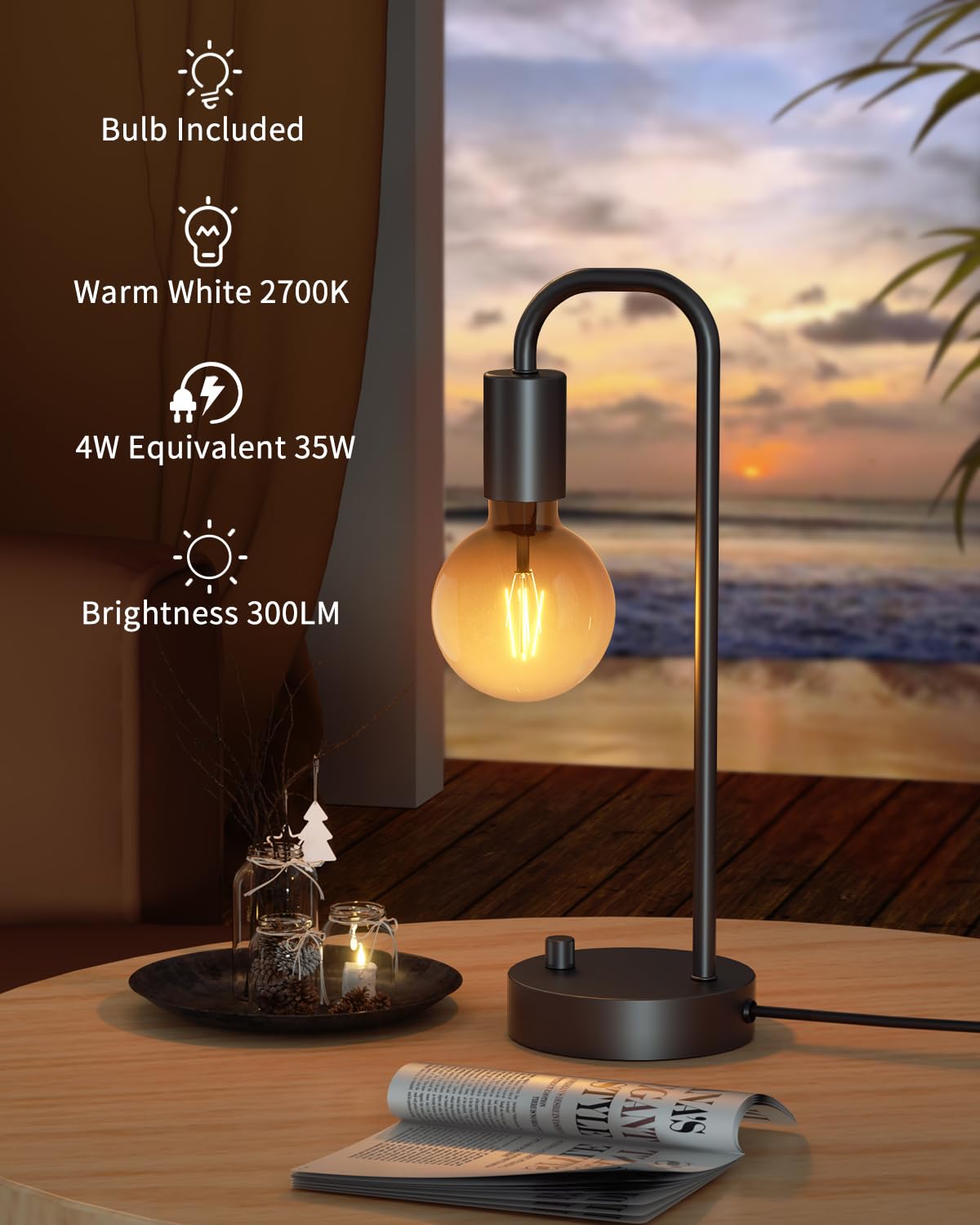 Onewish Industrial Table Lamp For Bedroom, Fully Dimmable Modern Bedside Lamps With 2700K Warm Light Bulb For Kids Reading, Mini