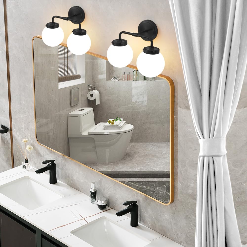 Deyidn Black Bathroom Light Fixtures Over Mirror, Modern Vanity Lighting With Milk White Glass Globe Shades 2-Light Farmhouse Wa