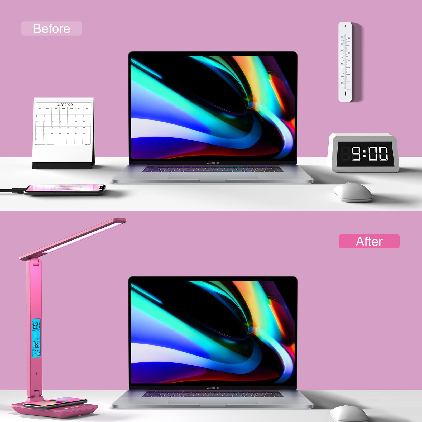 Poukaran LED Desk Lamp with Wireless Charger, USB Port, Clock & Alarm - Pink