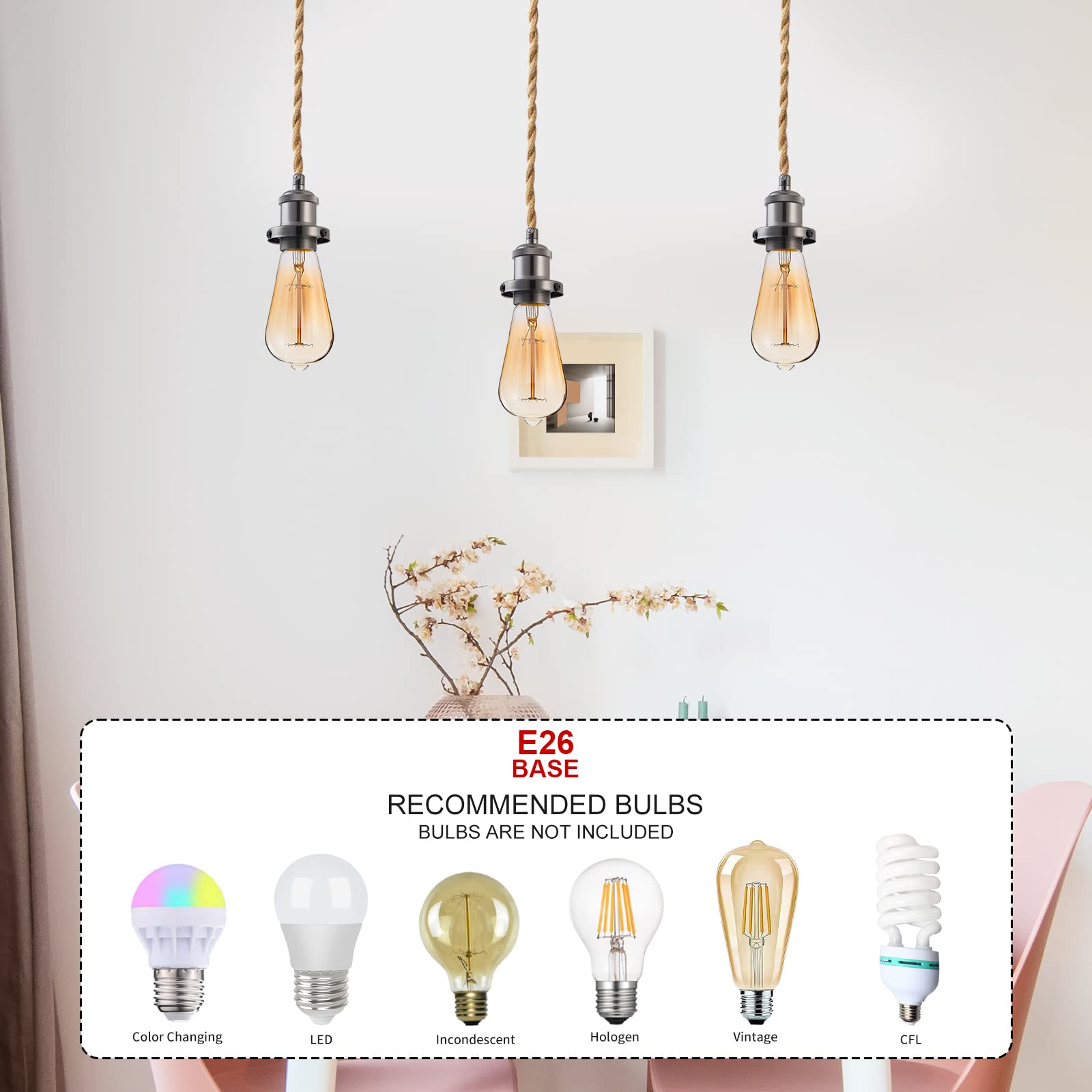 GNOLAK Pendant Light Cord Kit, 15.4ft Industrial E26 Socket, Hemp Rope, Pearl Black, Model CTMSTD, Plug-in with Switch