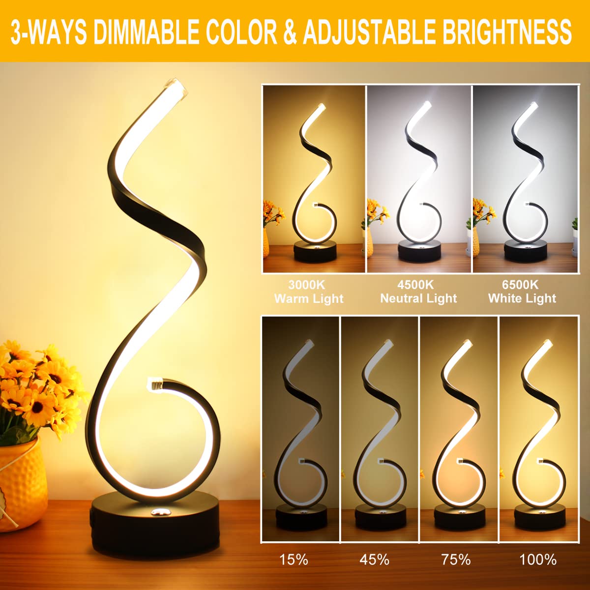 Besketie Modern Spiral Led Table Lamp - Dimmable 3 Color Modes, Black Aluminum Nightstand Light