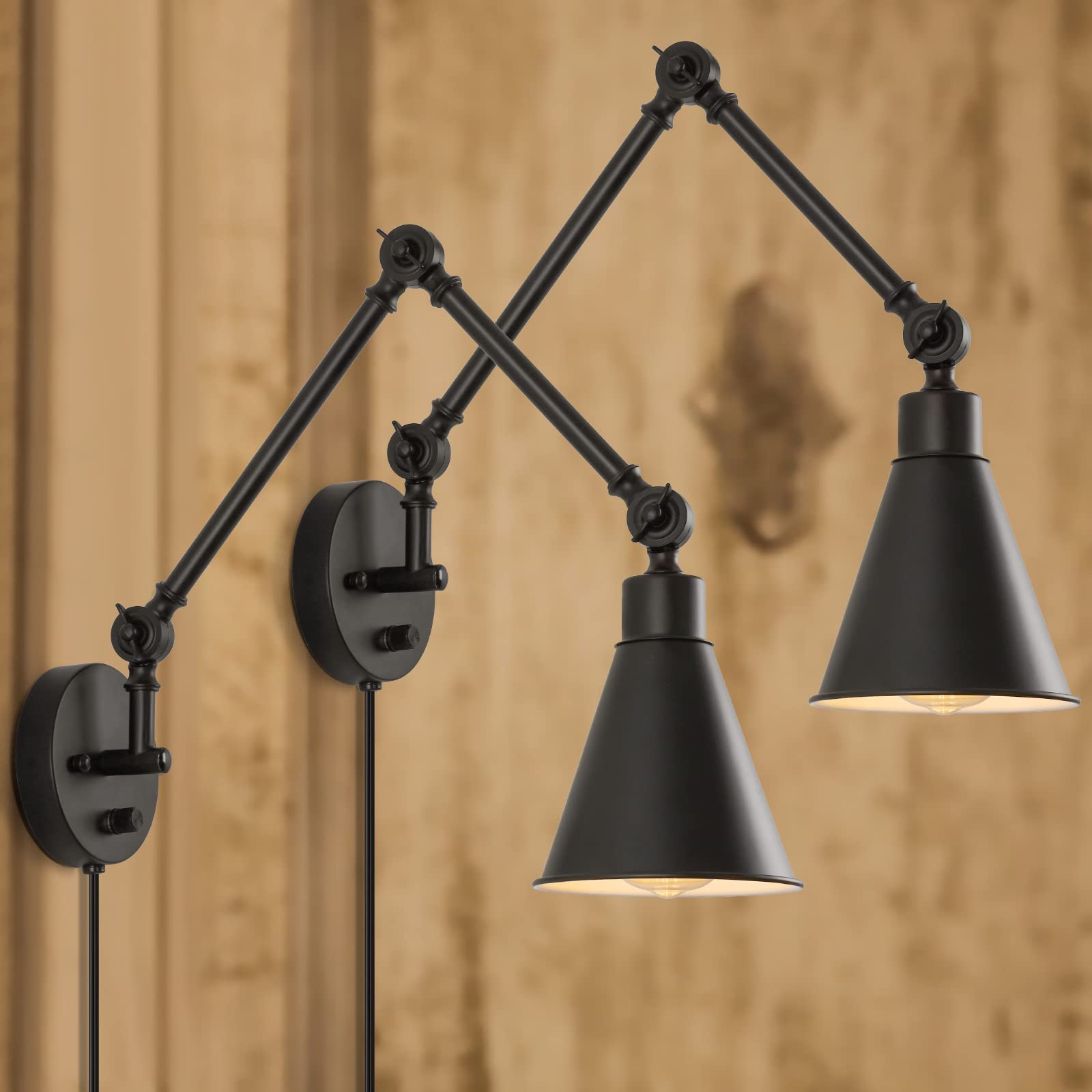 Caduke Swing Arm Wall Lamp For Bedroom, Set Of 2 Plug In Wall Light Fixture With Dimmable Switch, Industrial Metal Black Wall Re