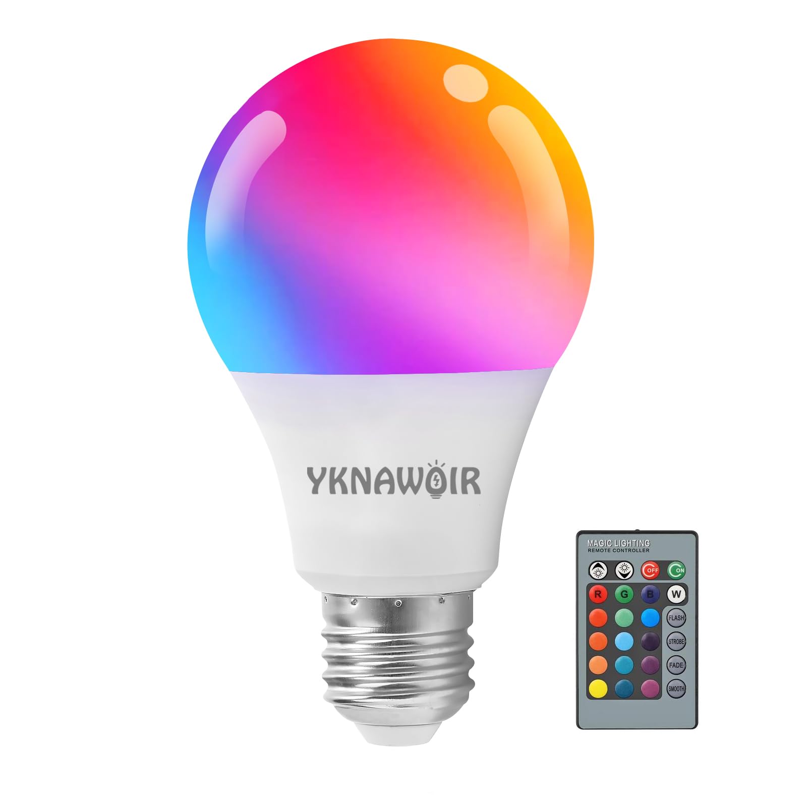 Yknawoir Rgb Color Changing Light Bulb With Remote Control, 15W Led Light Bulb E27/E26 6500K White A21 600Lm 16 Color Choices Mu