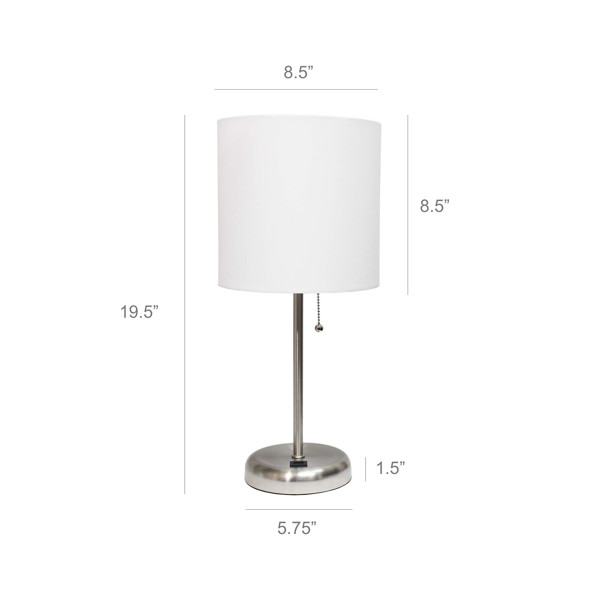 Simple Designs Lt2044-Wht Brushed Steel Stick Table Desk Lamp With Usb Charging Port And Drum Fabric Shade, White Shade