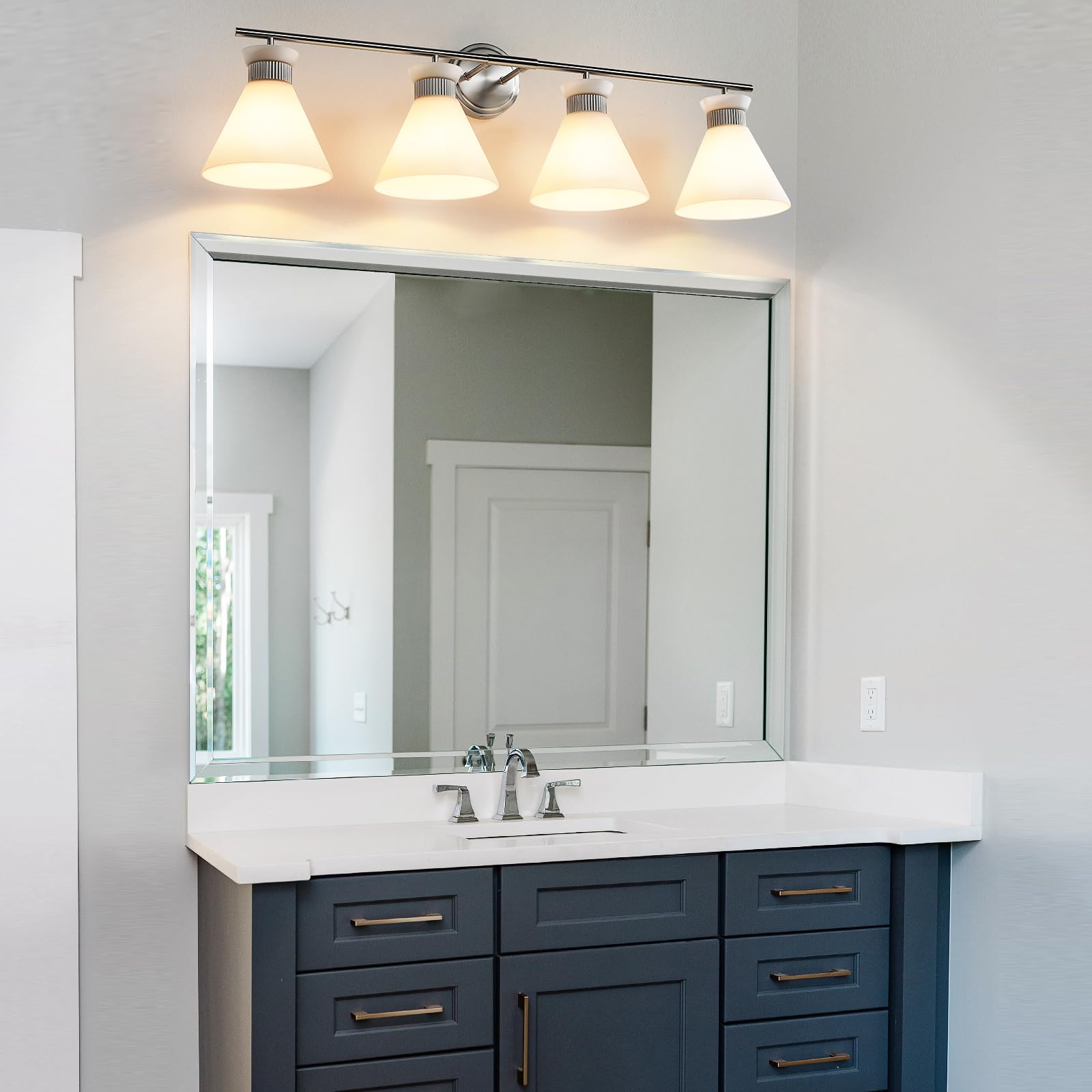 Woshitu Bathroom Light Fixtures: Brushed Nickel 4 Lights Bathroom Vanity Lights Over Mirror With Milky White Frosted Glass Shade  36 Inch Farmhouse Vanity Lighting Sconce (Exclude E26 Bulb)