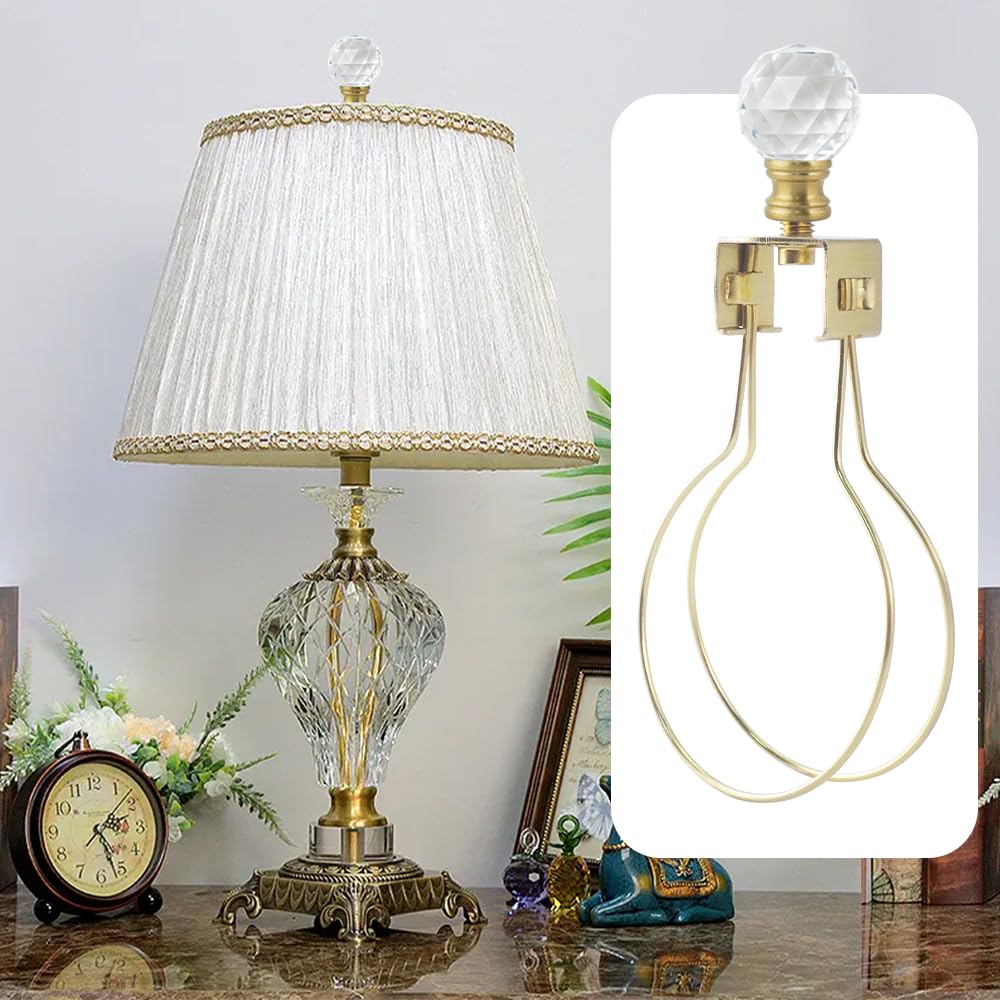 Asjeumt 2 Pieces Lamp Shade Light Bulb Clip Adapter Kit, Antique Brass Lampshade Holder With Crystals Top Finial, No Harp Requir