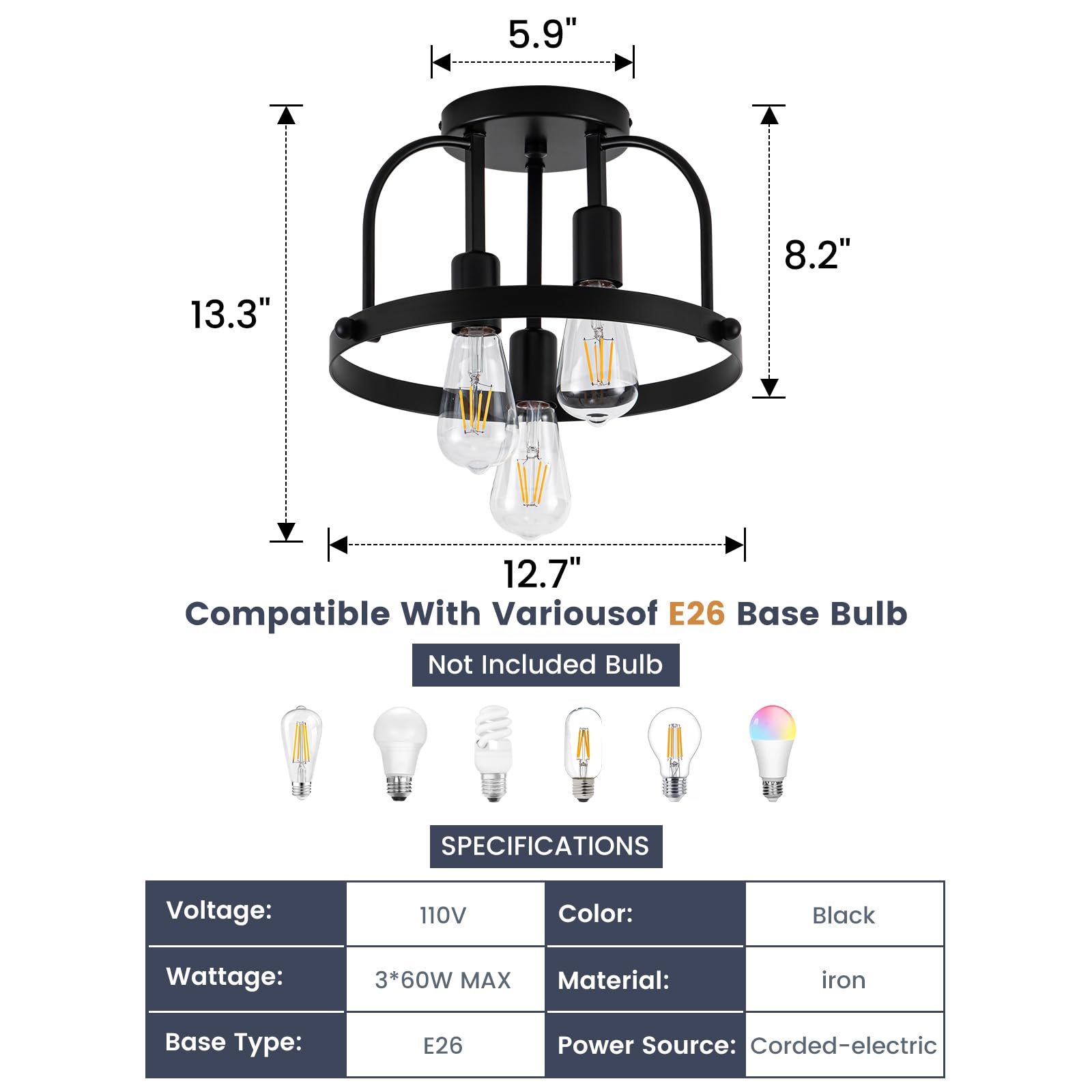 Fengkedu 3 Light Industrial Ceiling Light Black Semi Flush Mount Lights Close To Ceiling Light Fixtures Cage Design Farmhouse Ceiling Lighting For Kitchen Bedroom Bathroom Foyer Hallway (E26  1Pack)