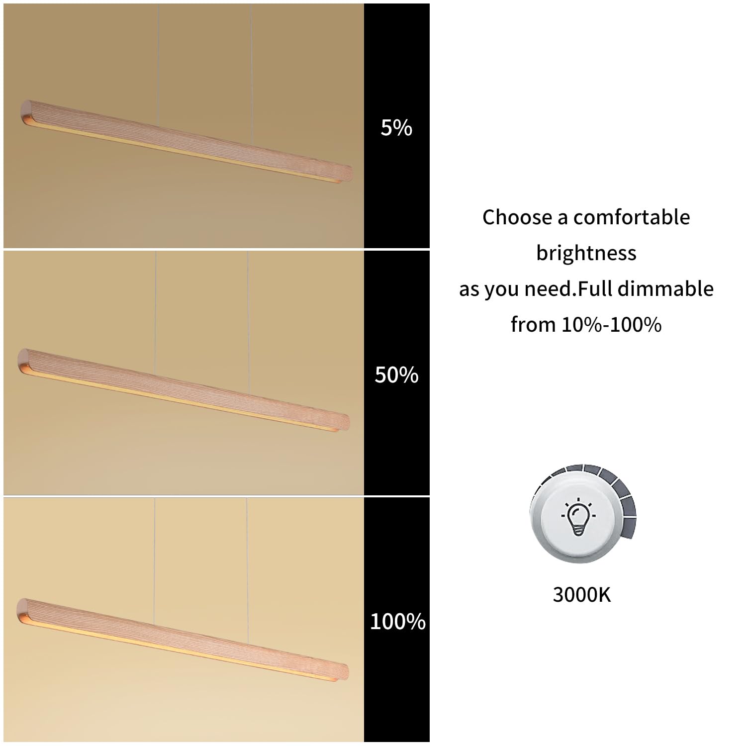 Yisdesign 47Inch Wood Led Linear Pendant Light  Dimmable Wood Ceiling Lamp Minimalist Linear Chandelier  36W Warm Light 3000K  Modern Kitchen Island Dining Room Lighting Natural Adjustable Height