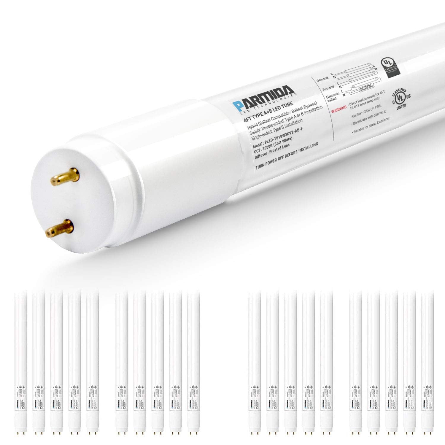 PARMIDA 20-Pack 4FT LED T8 Hybrid Type A+B Light Tube, 18W, Plug & Play or Ballast Bypass, Single-Ended OR Double-Ended Connecti