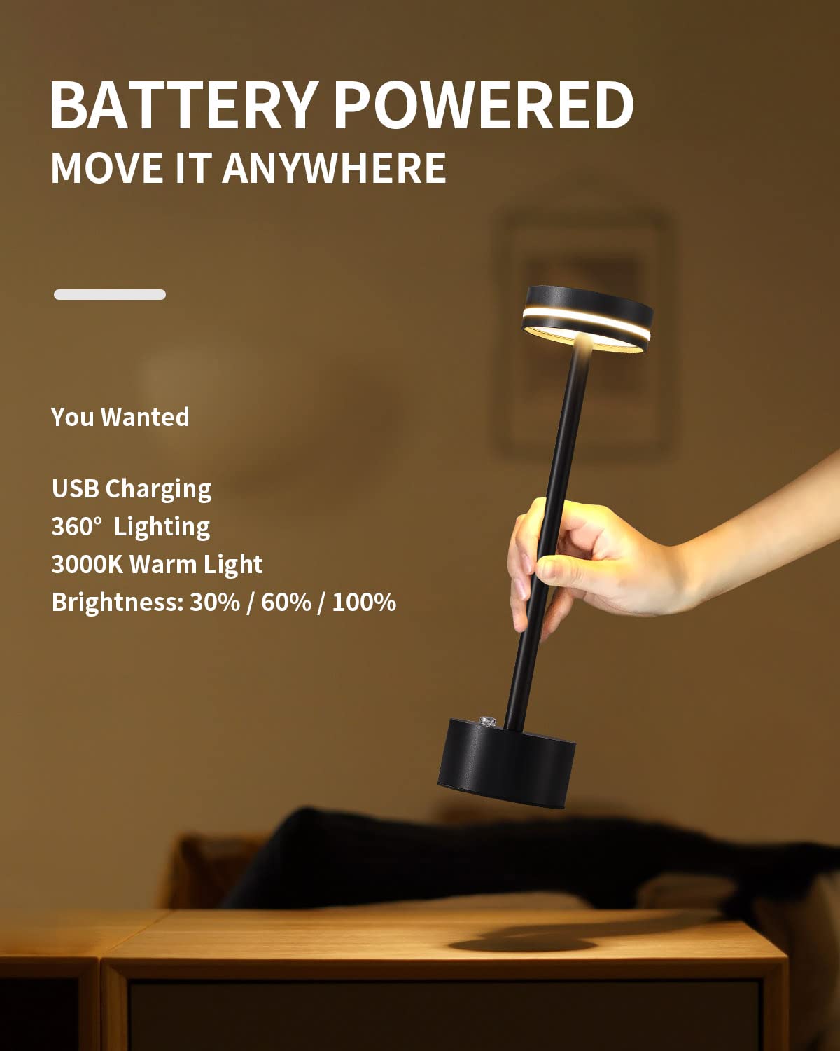 PUSU Cordless LED Table Lamp Set of 2, Touch Control, 3-Level Brightness, Black, Battery Powered, Model AMZ-TBL1800-B2