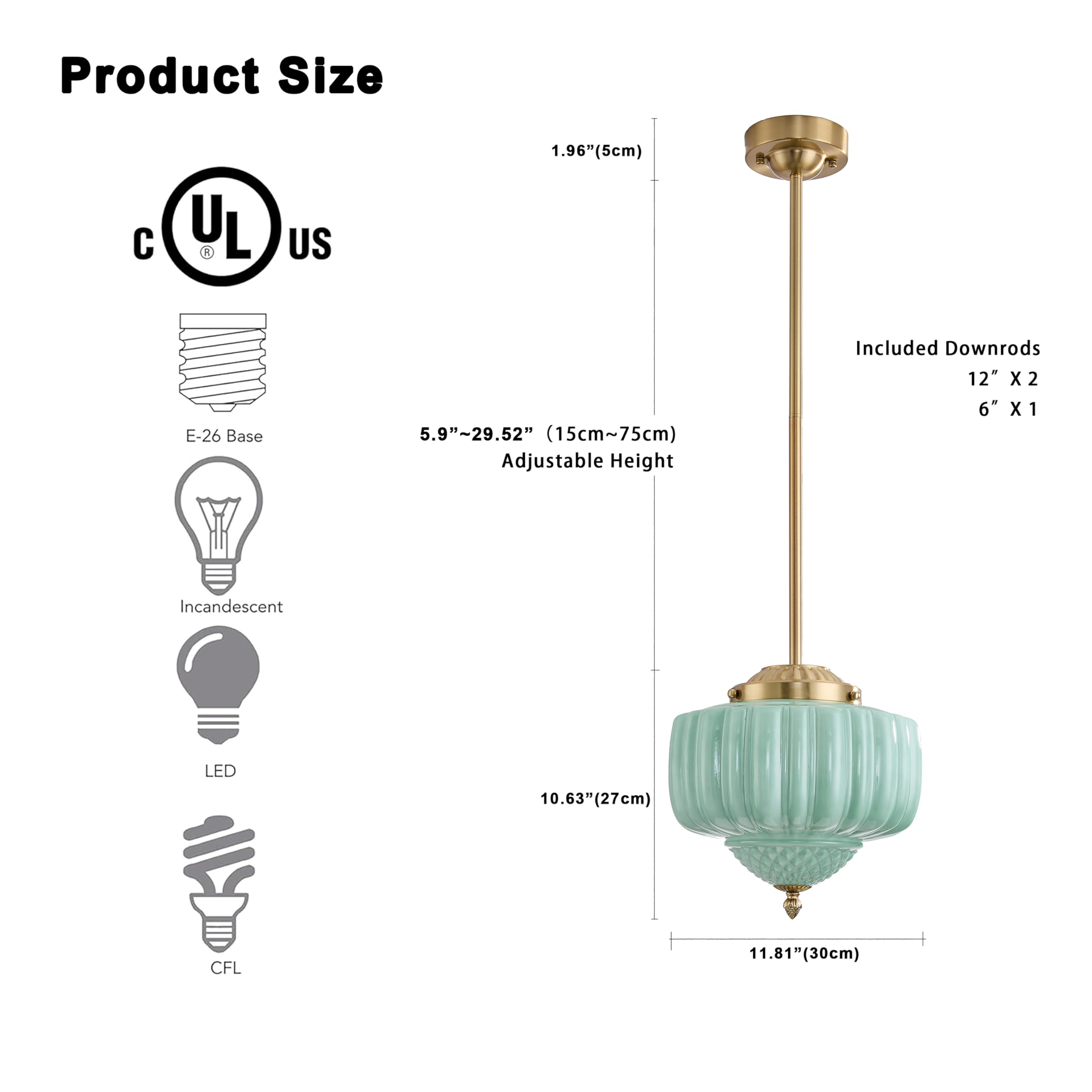 FCTWAKS Schoolhouse Pendant Light, 12" Mint Green Glass Shade, Mid Century Modern Ceiling Fixture for Kitchen Island & Dining Room