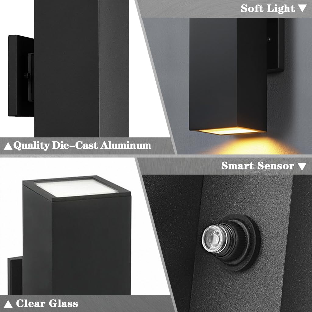 SHIMR Dusk to Dawn Porch Light, Aluminum Waterproof Wall Sconce, 1 Pack, Matte Black, Model S1