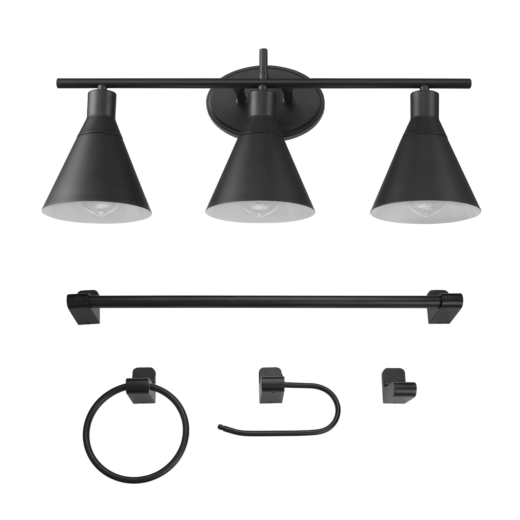 Globe Electric 52060 Tristan 5-Piece All-In-One Bathroom Set, Matte Black, 3-Light Vanity Light, Towel Bar, Toilet Paper Holder,