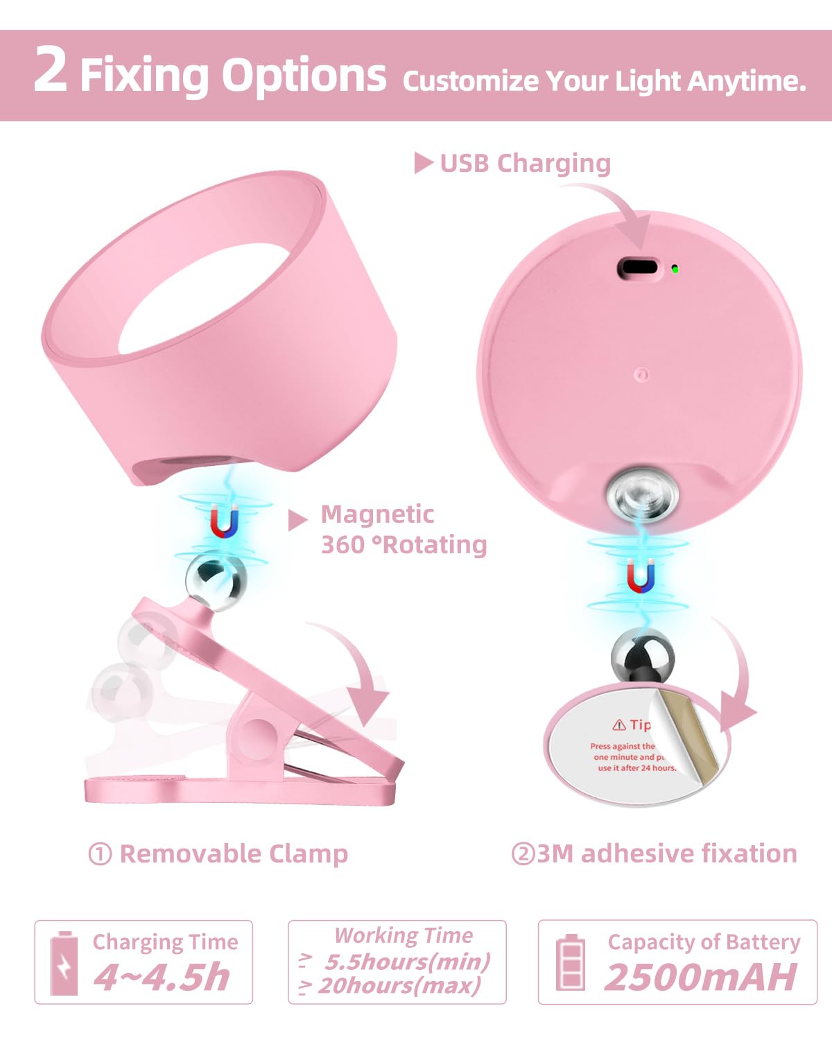 Adetu Led Wall Mounted Lights, Usb Rechargeable Wall Sconces Lamp, 3 Color Temps & Remote, Magnetic Clamp Light 360 Rotation Dim