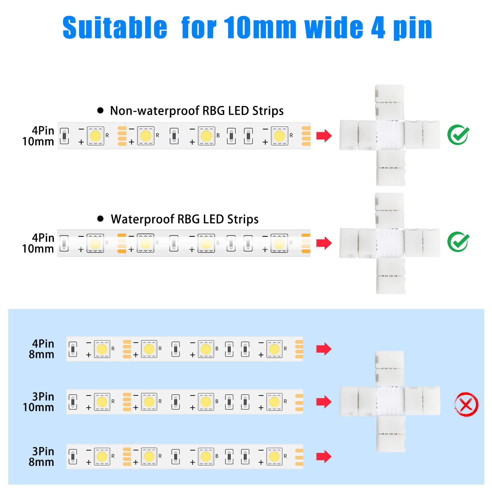 10Pack X-Shaped 4-Pin 10Mm Led Strip Lights Connectors - Solderless, Extendable Terminal Adapters For Smd 5050 & 3528 Rgb Led St