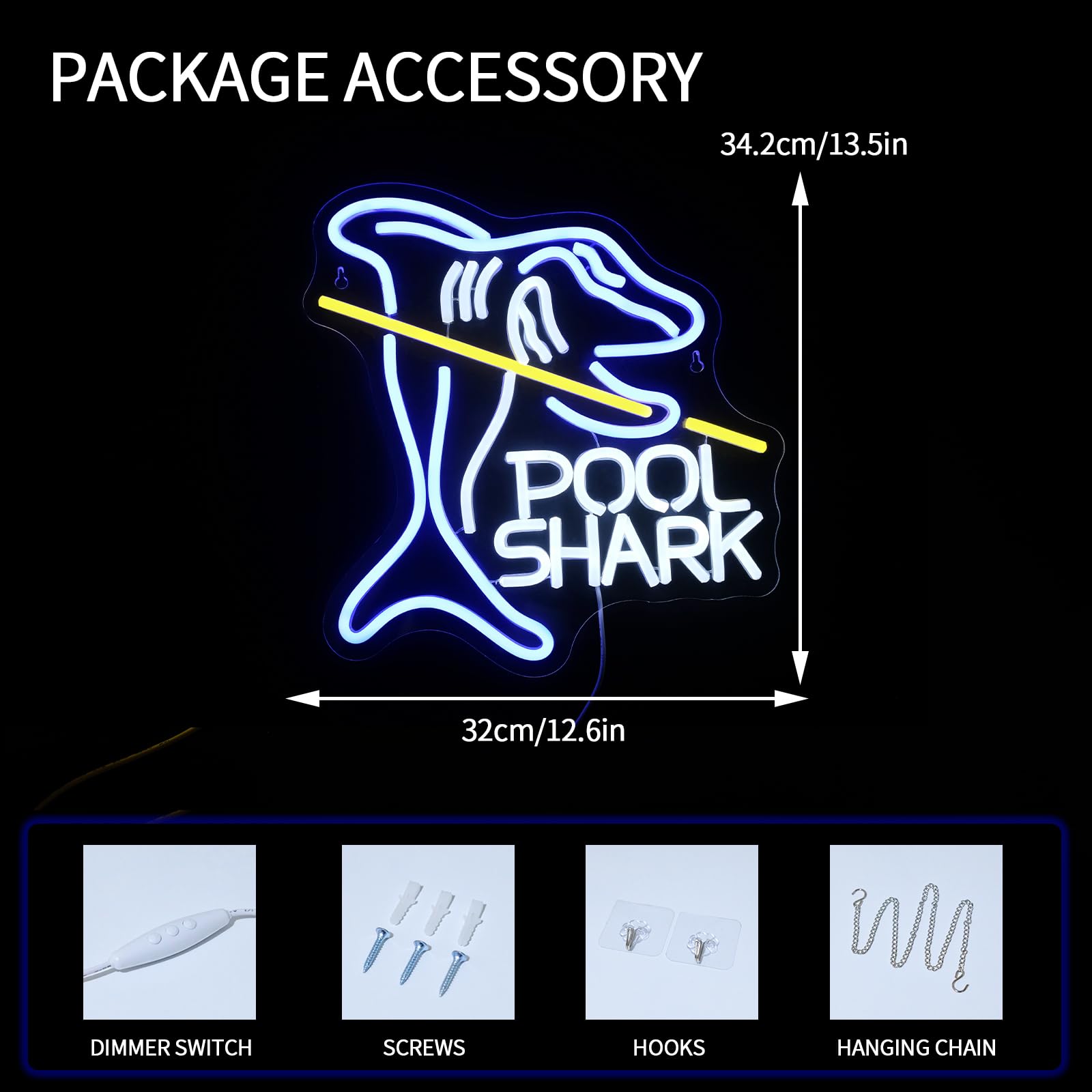 Virlusy Pool Shark Neon Sign For Wall Decor Dimmable Led Lights Signs Billiards Led Signs For Game Room Shark Neon Light Room Decor For Bar Pub Club Man Cave Decoration Boys Gift