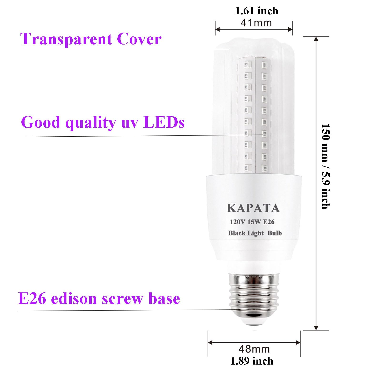 KAPATA 15W LED UV Black Light Bulb, 395-400nm, Energy Saving, E26, 2-Pack, T Bulb, Glow in The Dark, Model UV-