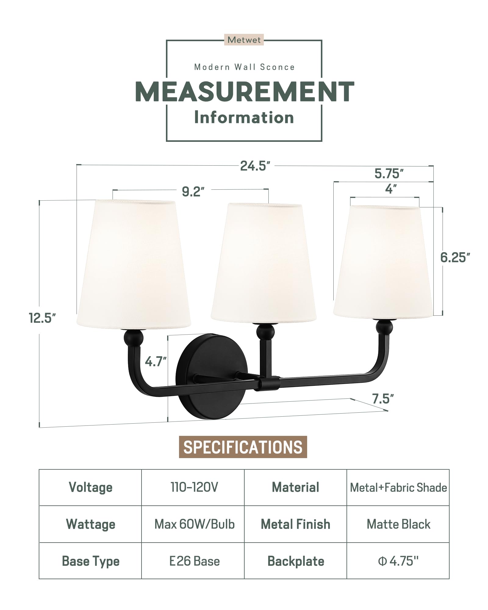 METWET 3-Light Bathroom Vanity Light Fixture, Matte Black Metal with White Fabric Shade, Model VL837-MB-3, Modern Wall Sconce for Hallway Bedroom
