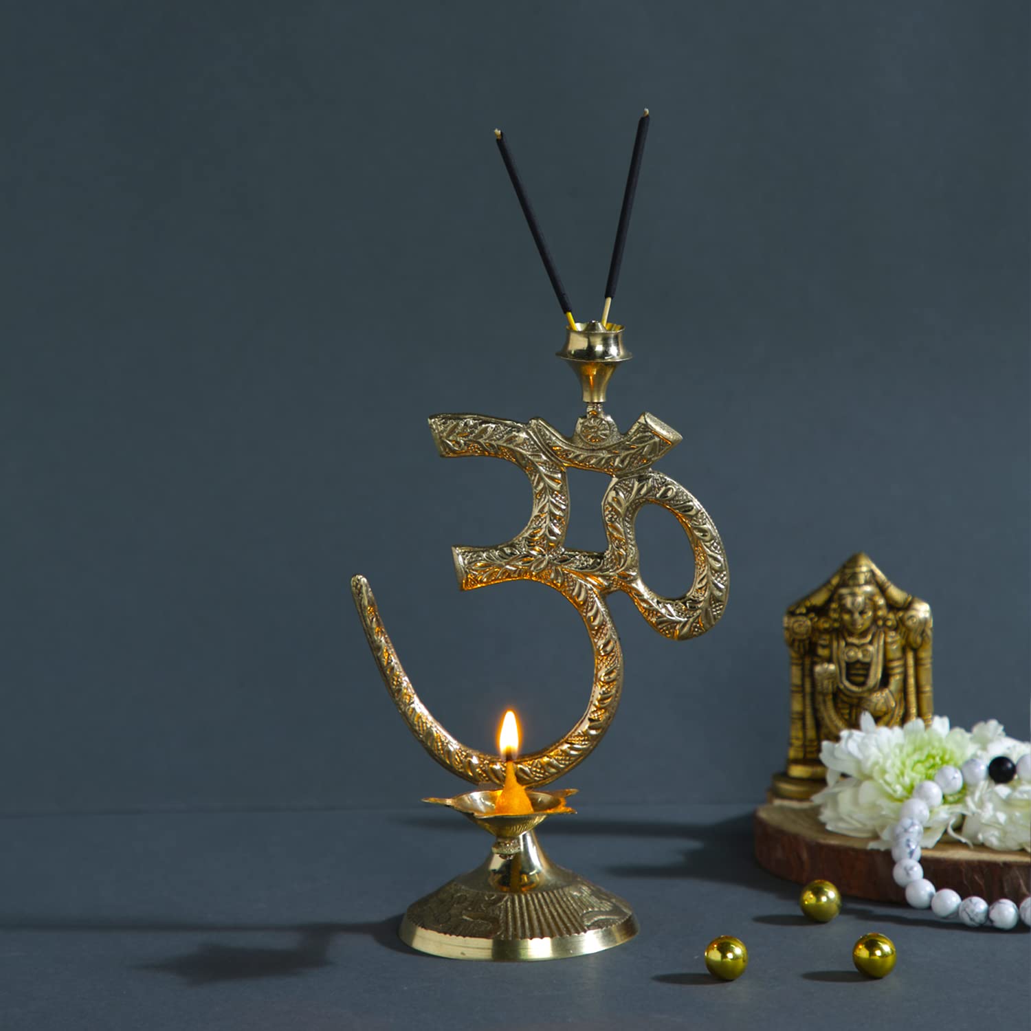 CraftVatika Om Symbol Design with Brass Diya Oil Lamp with Incense Holder, Brass Diya with Agarbatti Stand, Golden, (7 Inches He
