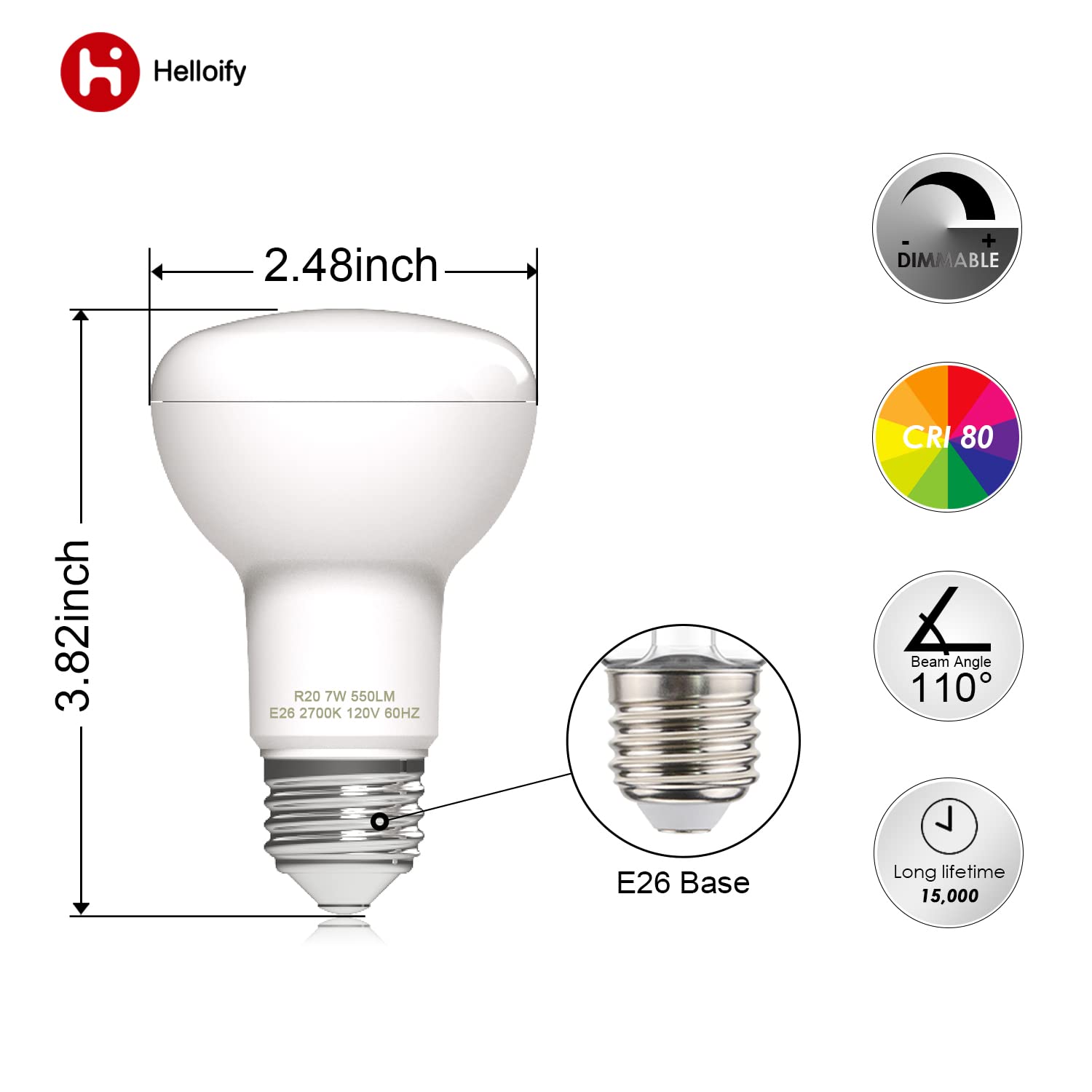 helloify Dimmable R20 LED Flood Light Bulb, 7W, 50W Equivalent, 2700K Soft White, E26 Base, 6 Count, Energy Saving