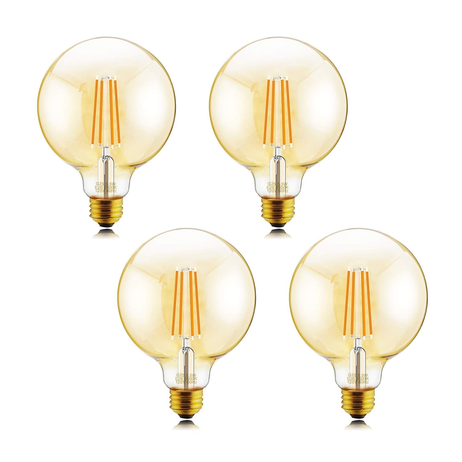 Helloify G25 Vintage LED Edison Bulb, Dimmable, Warm White 2500K, Amber, E26 Screw Base, 60W Equivalent, 4 Count