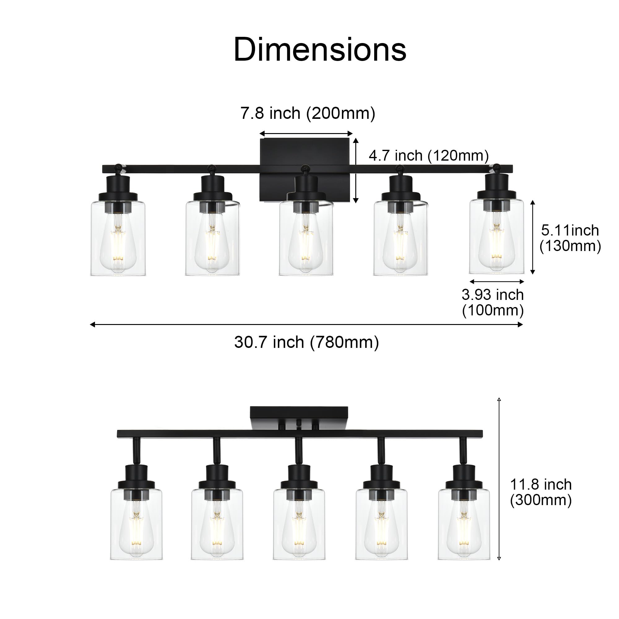 Wanluce 5-Light Track Lighting Kit Black Track Lighting Fixtures Bathroom Wall Sconces Ceiling Mount Kitchen Tracking Lights  Rotatable Spotlight With Clear Glass Shade For Kitchen Shop Hallway