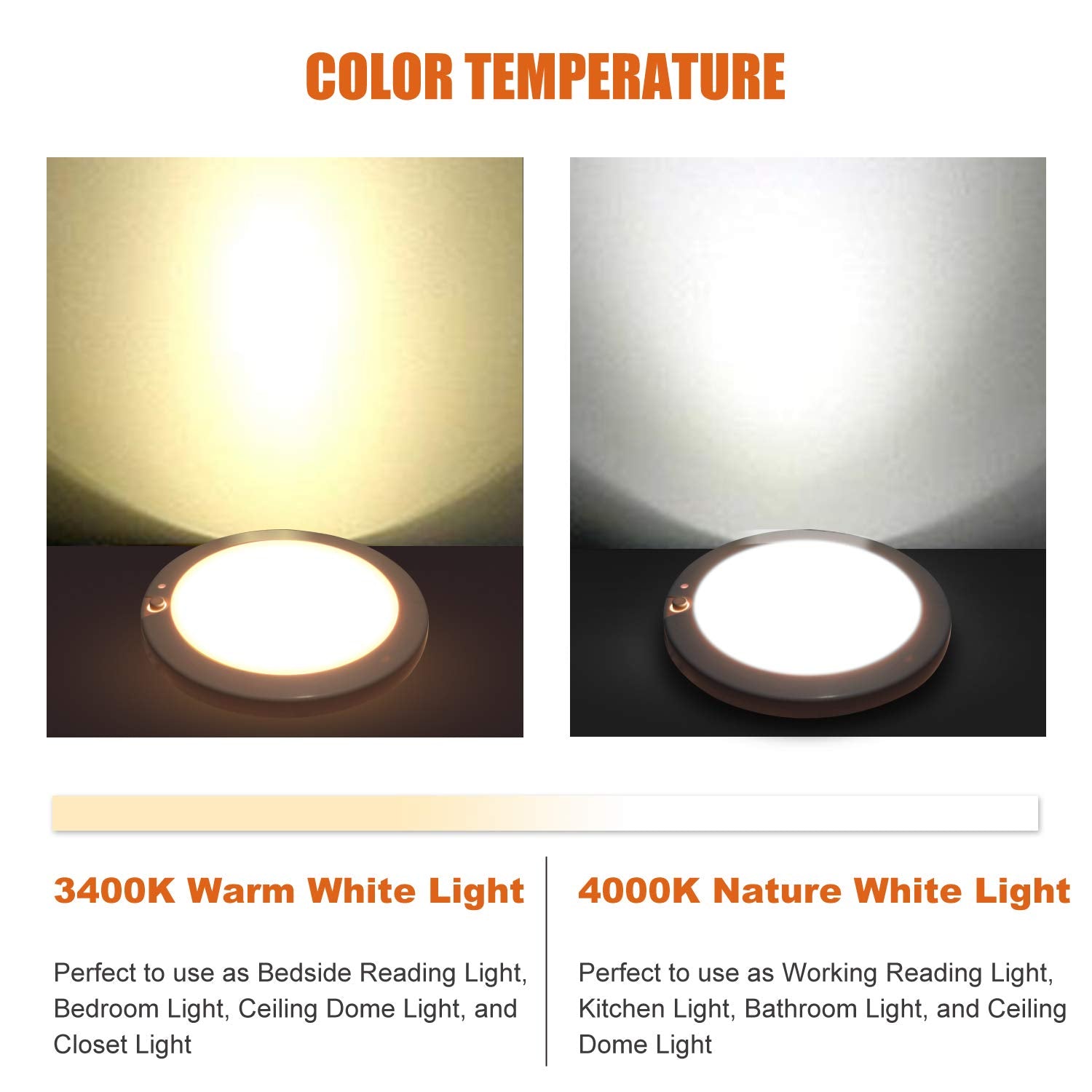 Facon 12V RV Puck Light with Switch, 5-Inch Surface Mount, Aluminum, 3400K Warm White, Model DSMDPC5-6W-3400K