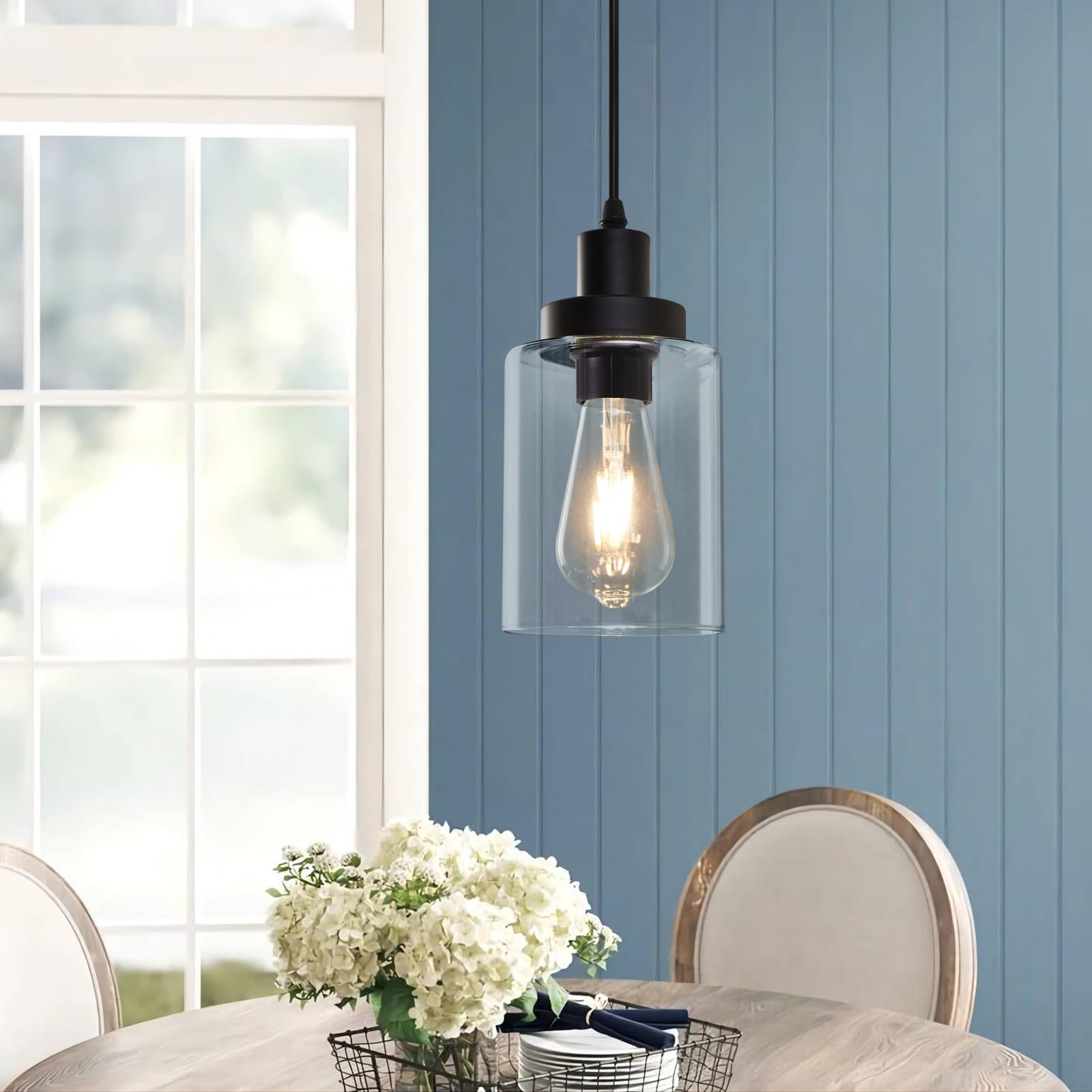 WimiSom Industrial Pendant Lighting, Modern Glass Shade, Hardwire-Black, Adjustable, 3-Pack, Black