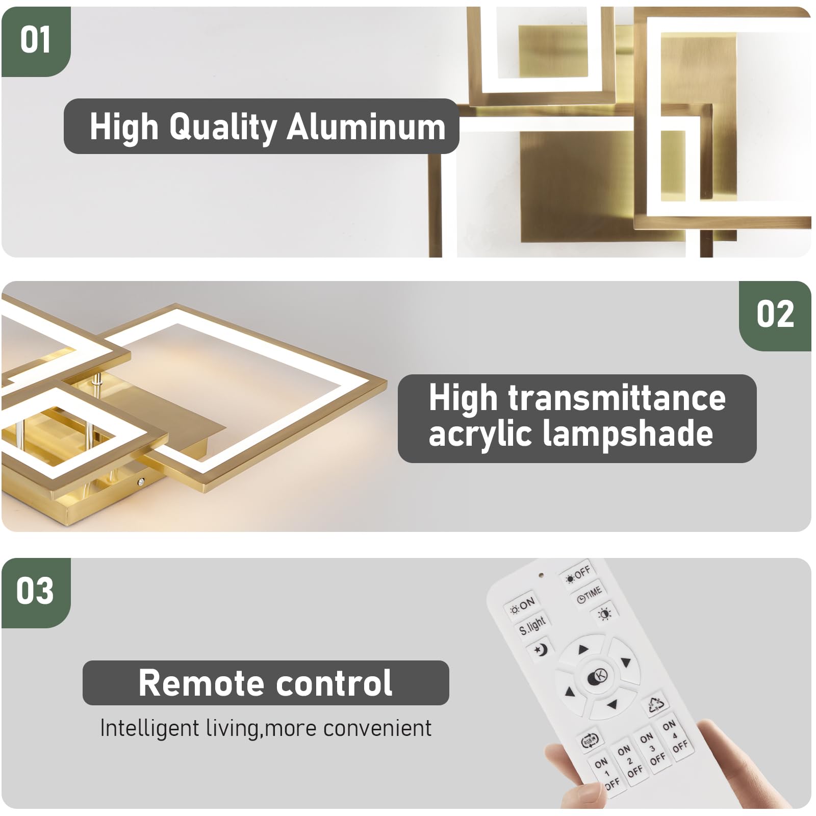 Hlilceh Modern Gold Led Ceiling Light 3-Square Design 3000K-6500K Dimmable Led Ceiling Light With Remote 33W Acrylic Ceiling Lig